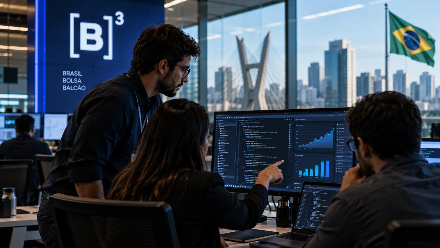 Equipe de engenharia analisando software com inteligência artificial e indicadores de produtividade em uma operação financeira