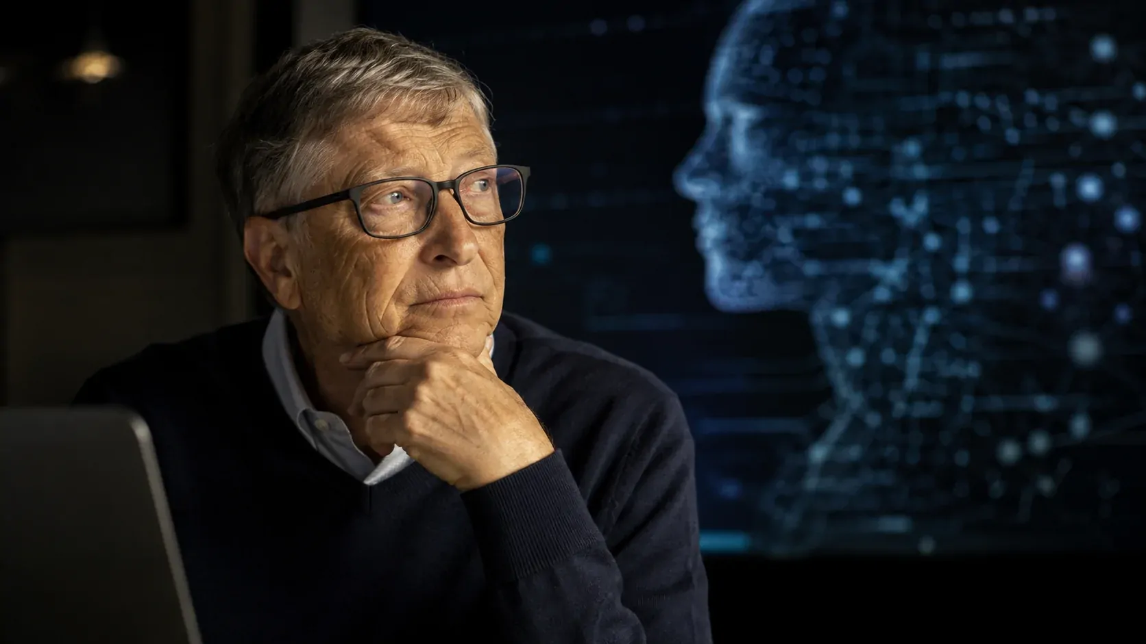 Bill Gates diante de uma representação visual de inteligência artificial e automação do trabalho