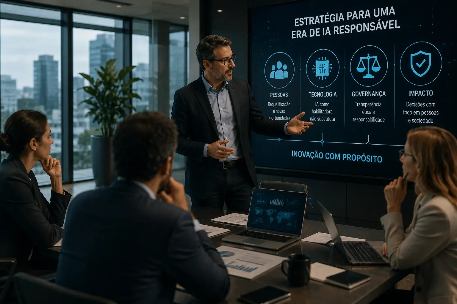 Executivos analisando planejamento de força de trabalho e governança de inteligência artificial
