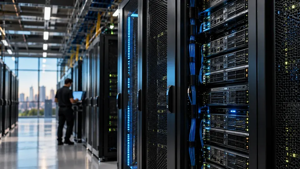 Data center de grande porte com fileiras de servidores preparados para cargas de inteligência artificial