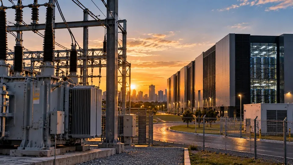 Subestação elétrica conectada a um grande data center representando a relação entre energia e computação para IA