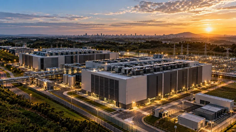 Vista ampla de um campus de data centers brasileiro com múltiplos edifícios, linhas de energia e infraestrutura de conectividade