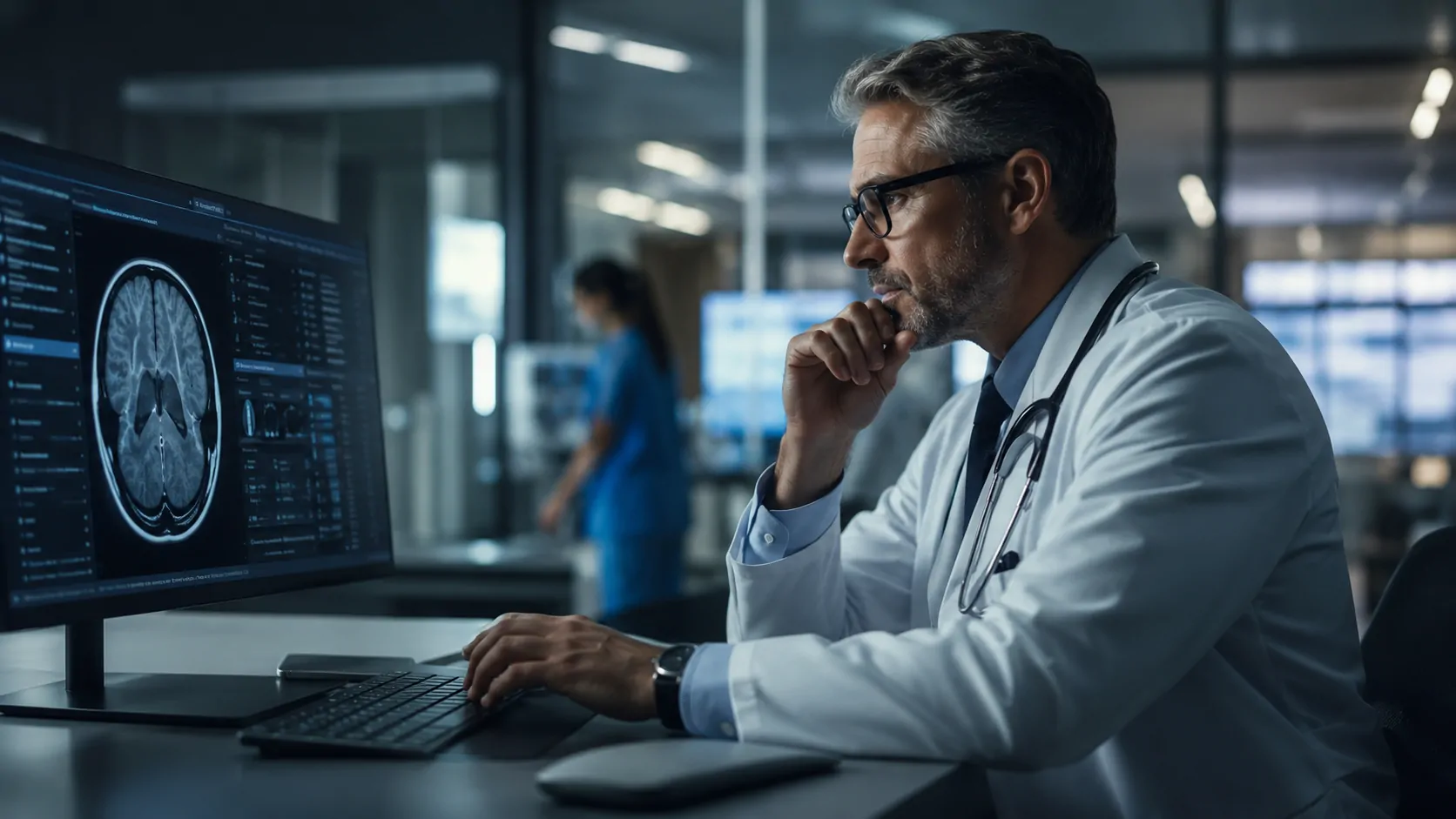 Médico analisando sistema de inteligência artificial em ambiente hospitalar