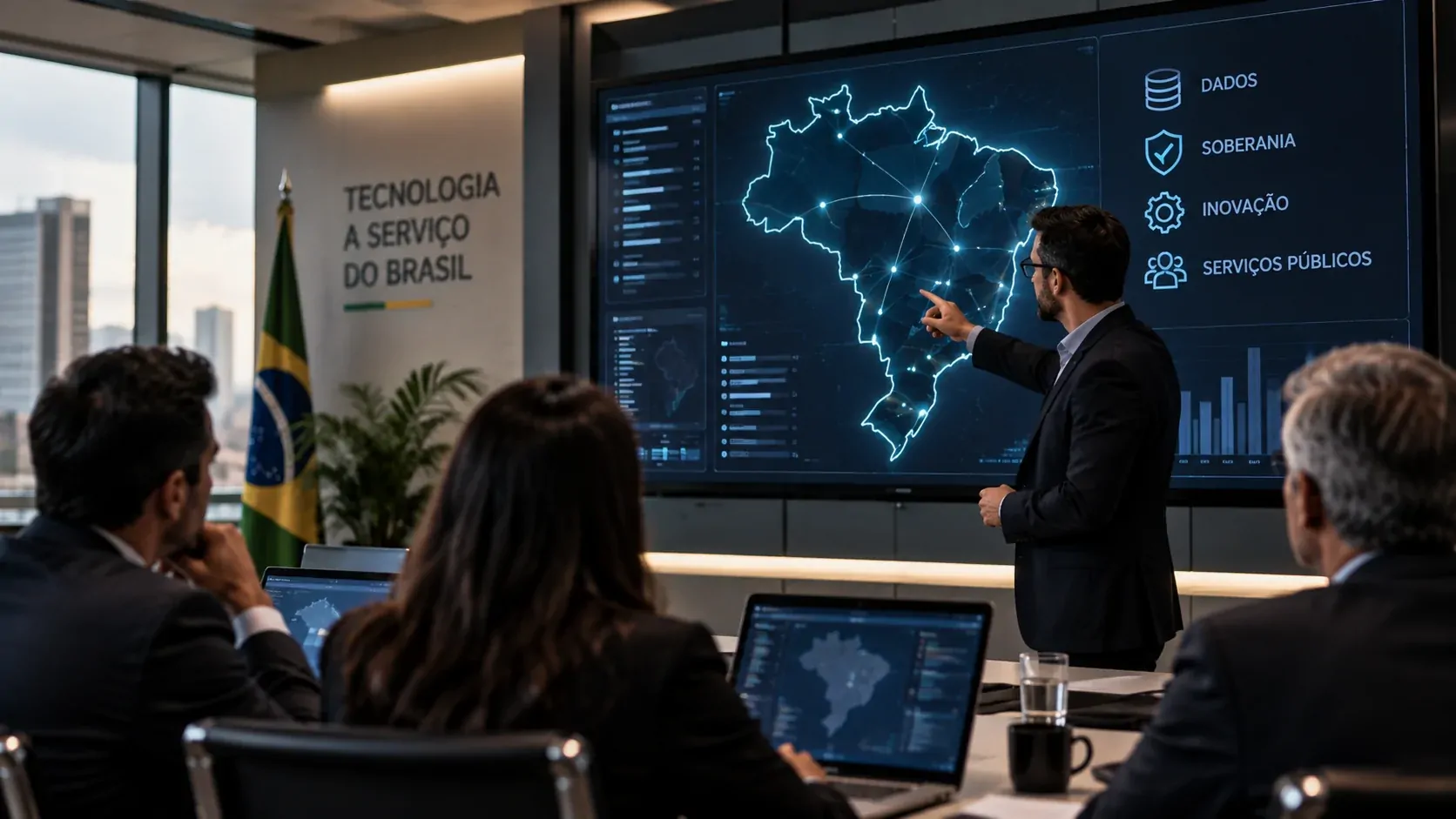 Reunião corporativa com executivos brasileiros analisando uma infraestrutura nacional de tecnologia em uma tela