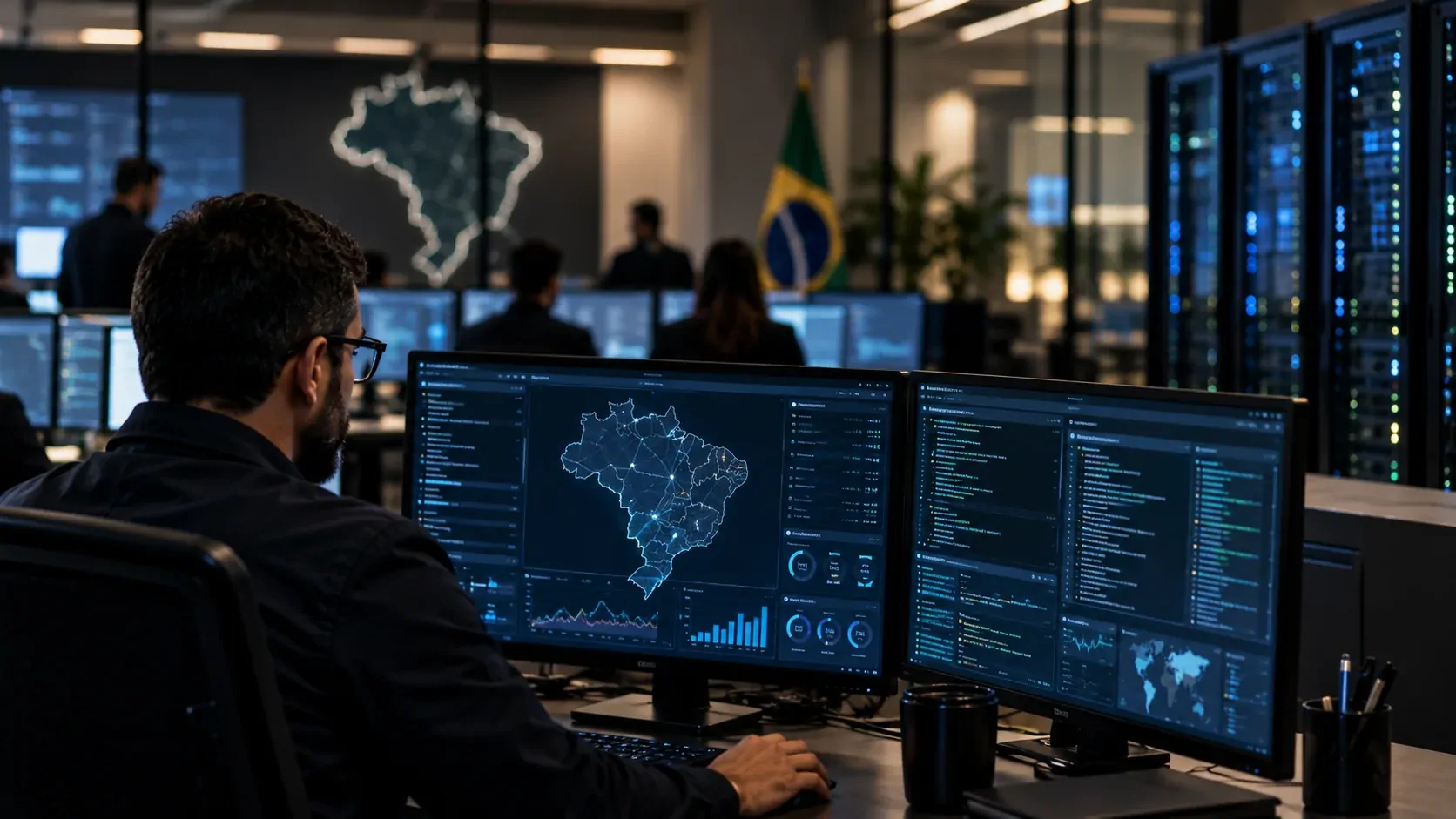 Profissional de tecnologia analisando uma plataforma de nuvem nacional em um ambiente corporativo moderno