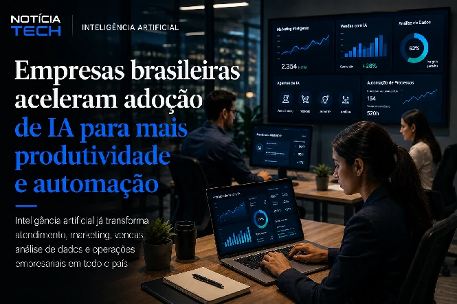 Equipes corporativas utilizando inteligência artificial para automação e produtividade