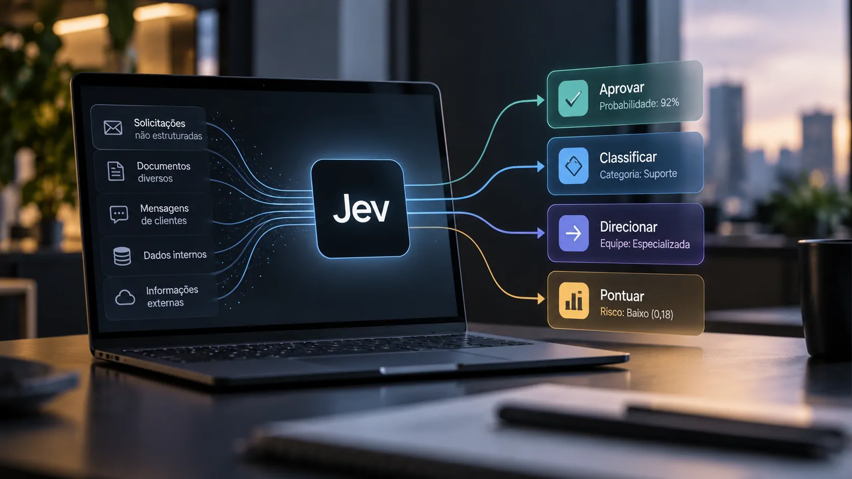 Representação do Jev transformando informações de um sistema em decisões estruturadas para um software