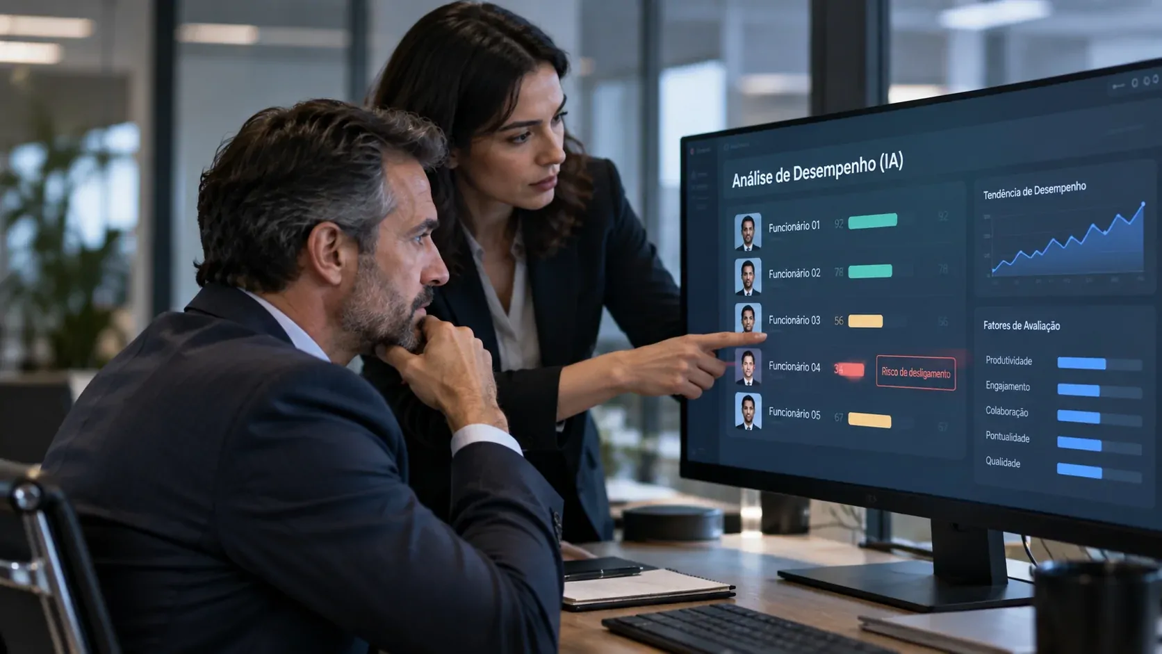 Corporate environment with a human manager reviewing a decision generated by artificial intelligence