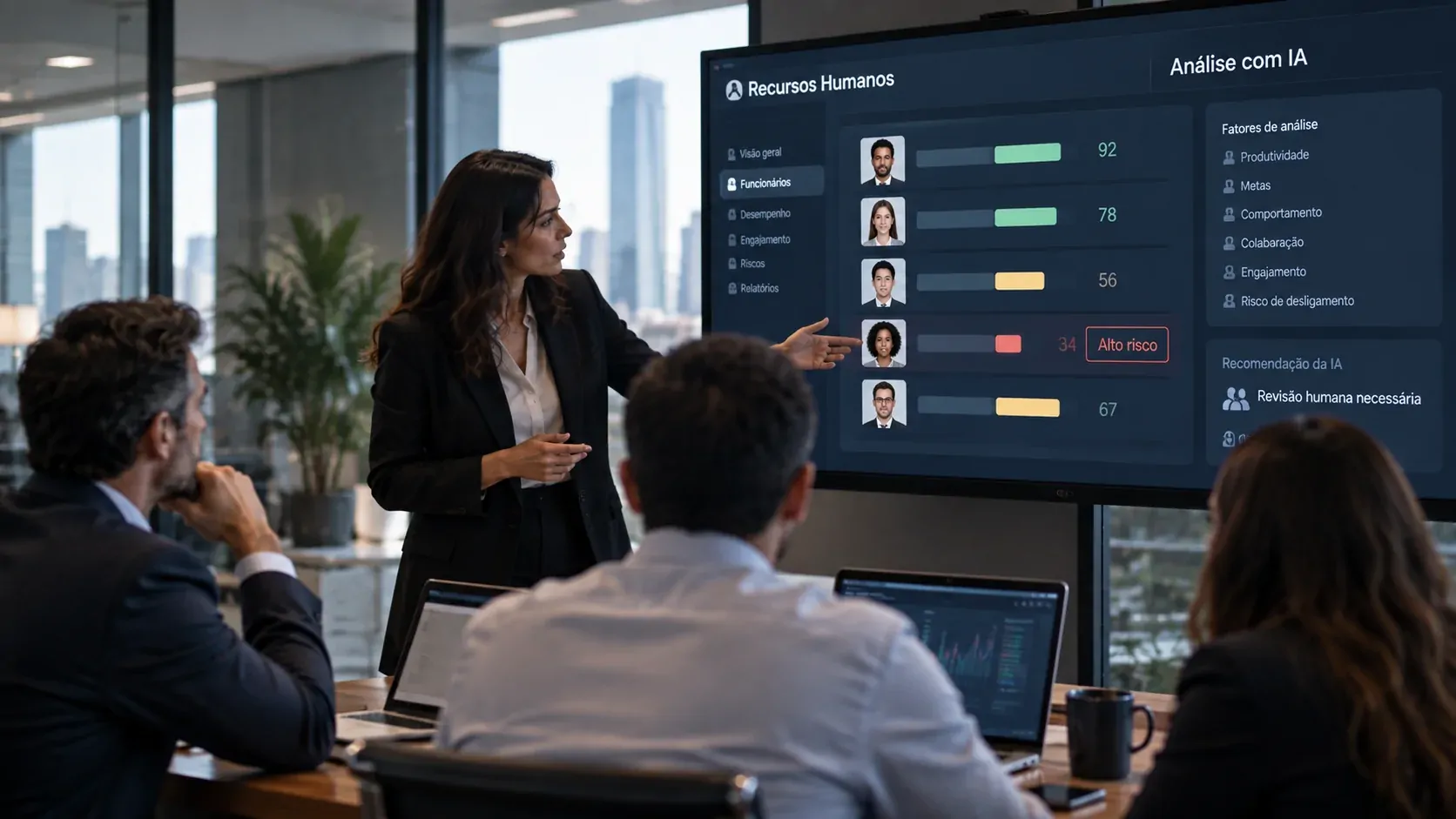 Executives analyzing artificial intelligence data during a human resources meeting