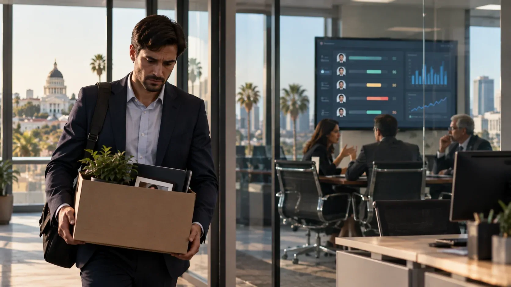 Employee leaving a corporate office while managers review an AI-assisted employment decision