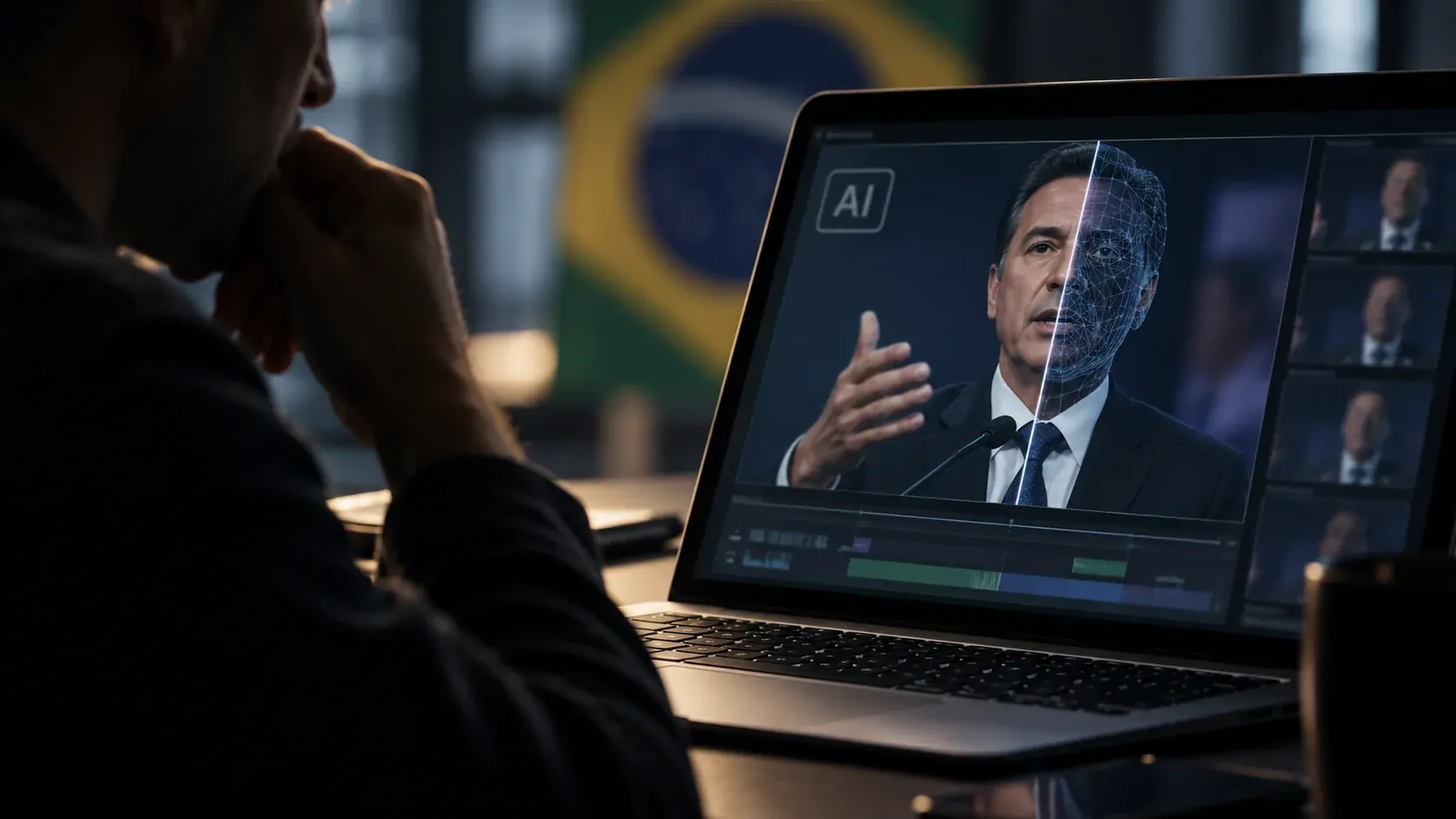 Representação de inteligência artificial sobre conteúdos de campanha eleitoral em uma tela digital