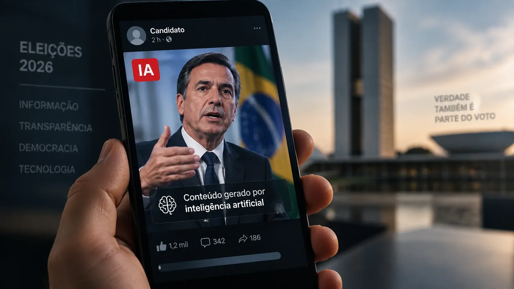 Representação de uma publicação eleitoral digital com identificação de conteúdo gerado por inteligência artificial