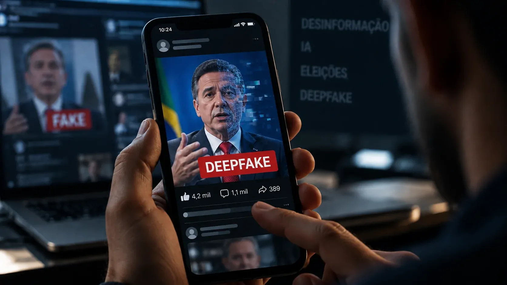 Tela de celular exibindo conteúdo político manipulado digitalmente em uma rede social