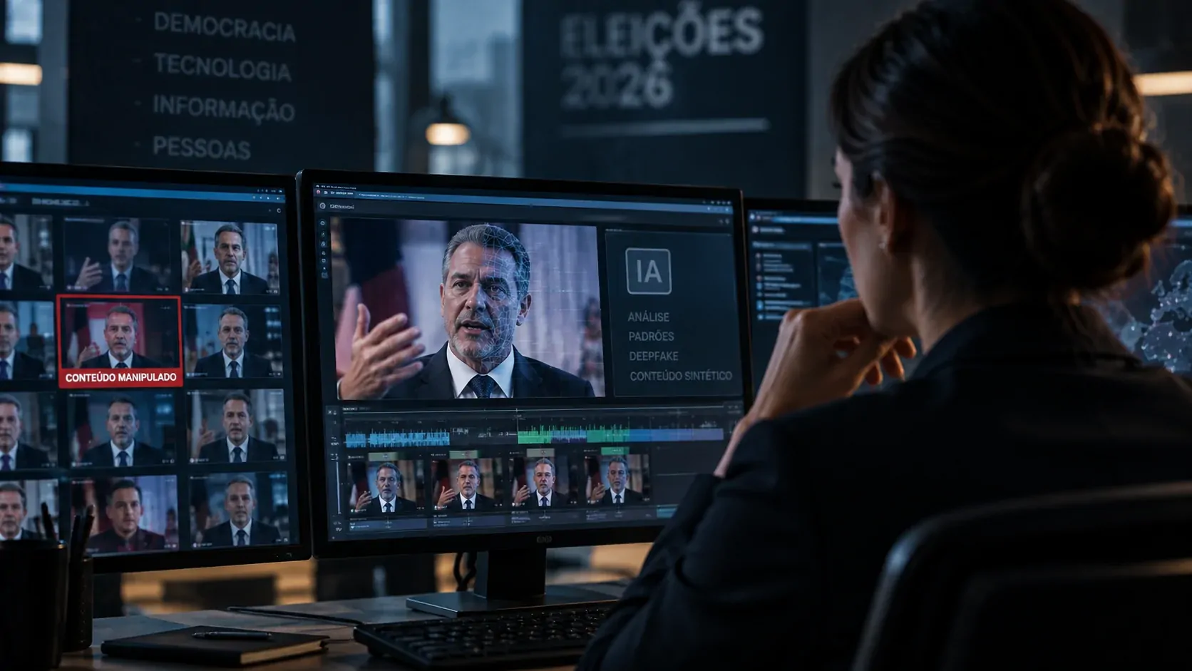 Profissional analisando conteúdos eleitorais gerados por inteligência artificial em múltiplas telas