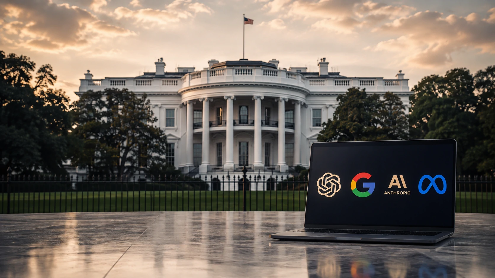 Illustration of the White House alongside the OpenAI, Google, Anthropic and Meta logos representing new artificial intelligence safety standards.