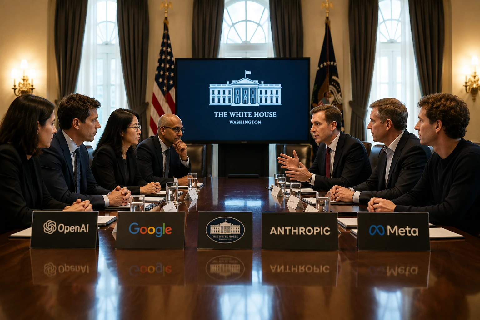 Illustration of a meeting between the U.S. government and leading artificial intelligence companies