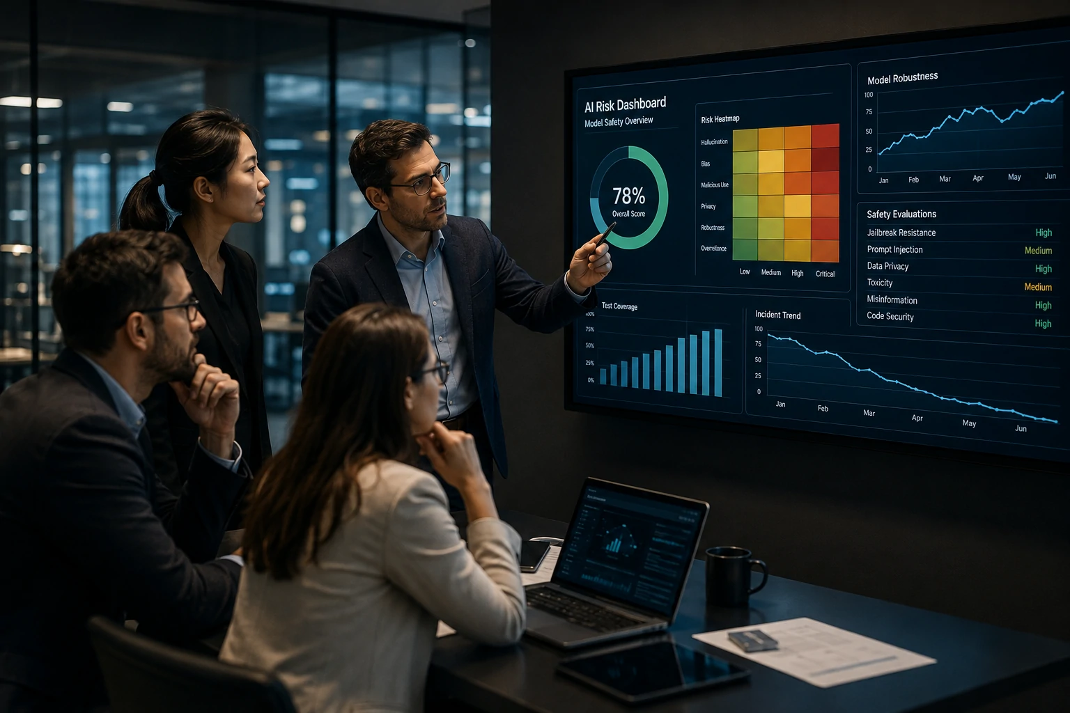 Business executives reviewing AI governance dashboards and enterprise security metrics