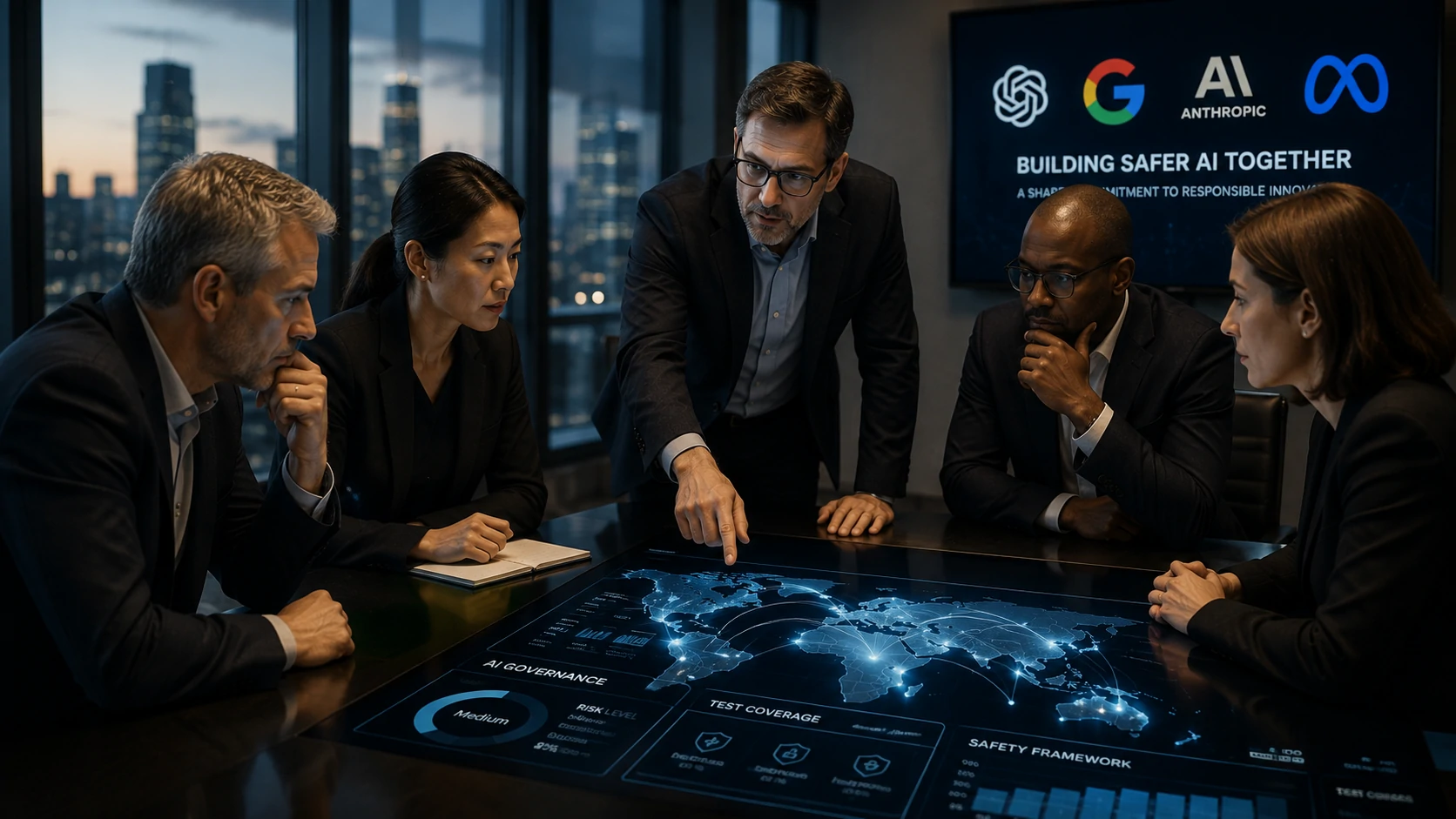 Business executives analyzing global AI governance strategies