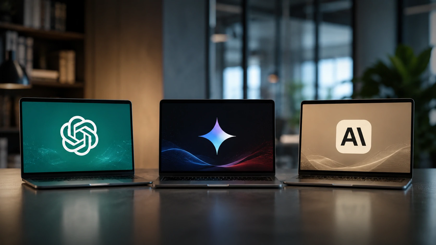 ChatGPT, Gemini e Claude representados como assistentes de IA com estilos distintos de comunicação.