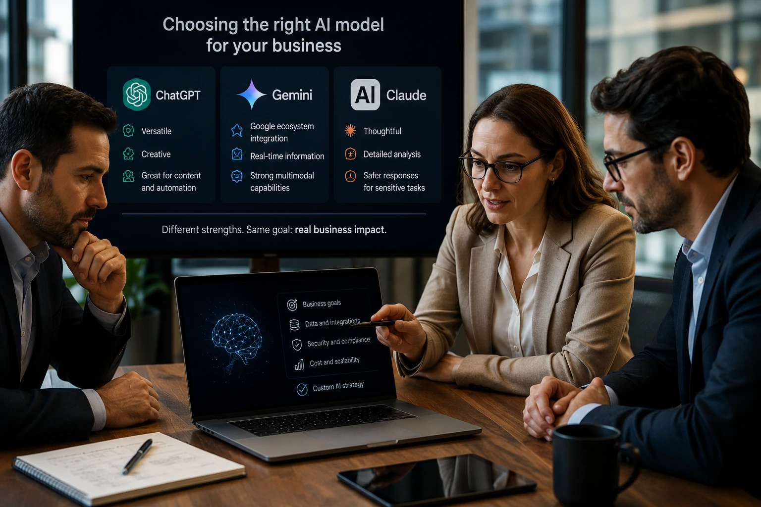 Executivos analisando diferentes assistentes de IA para aplicações corporativas e automação de processos.