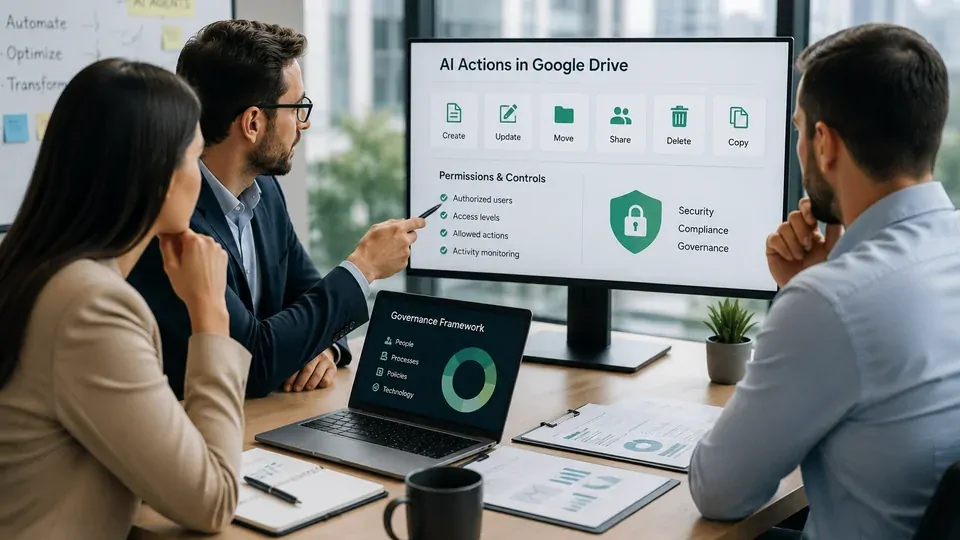 Business professionals evaluating permissions and AI workflows connected to corporate systems