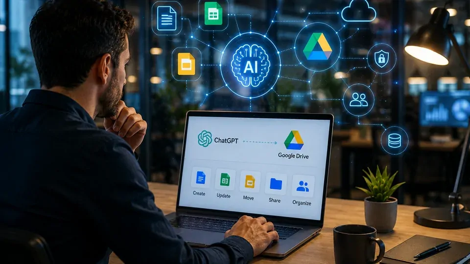 Corporate environment with AI agents connecting documents, systems, and business workflows