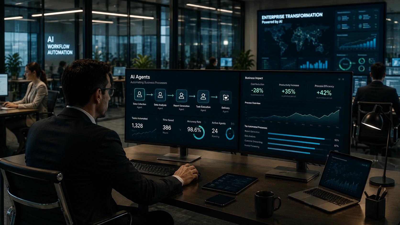 Executives reviewing business metrics while AI agents automate enterprise workflows