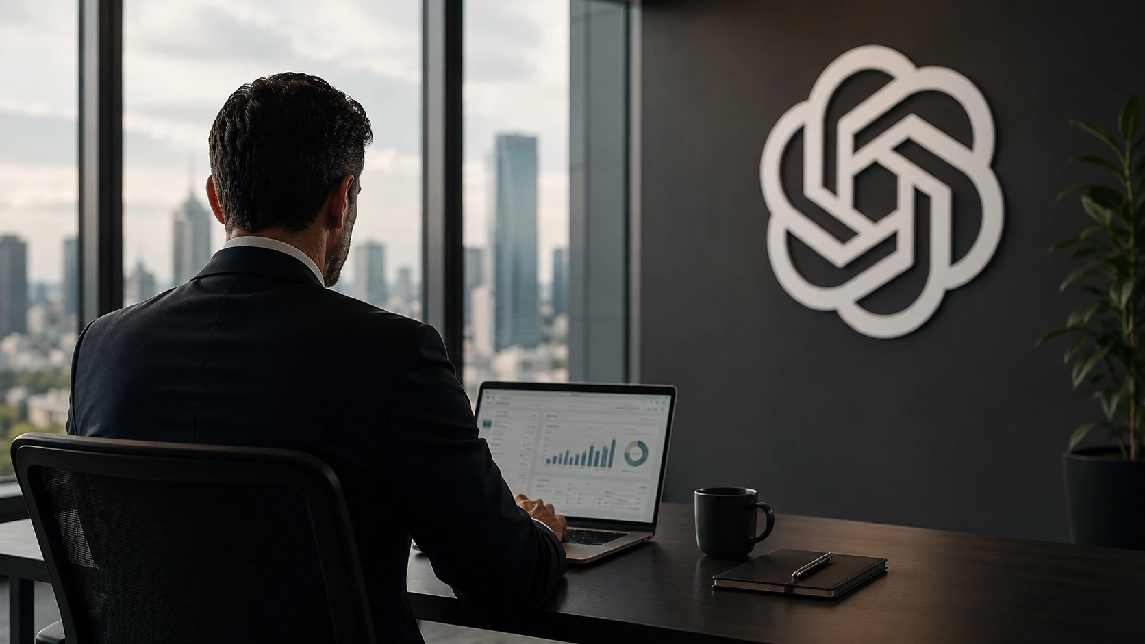 Executivo utilizando um agente de IA para automatizar tarefas corporativas em um escritório moderno.