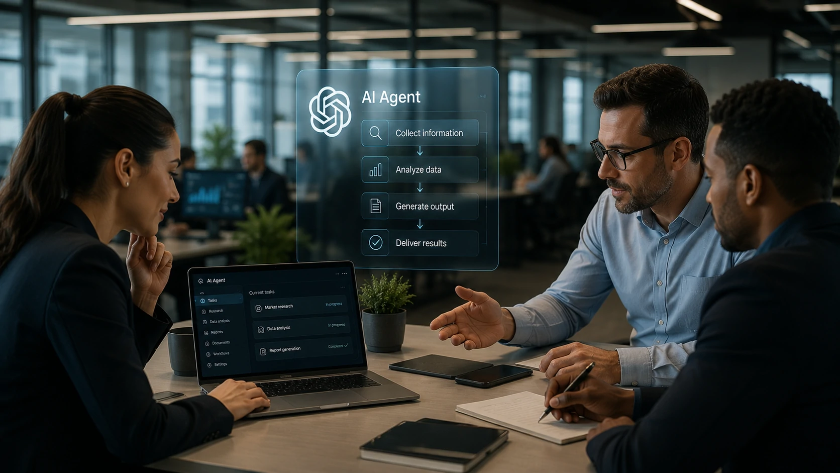 Equipe utilizando agentes de IA em processos empresariais