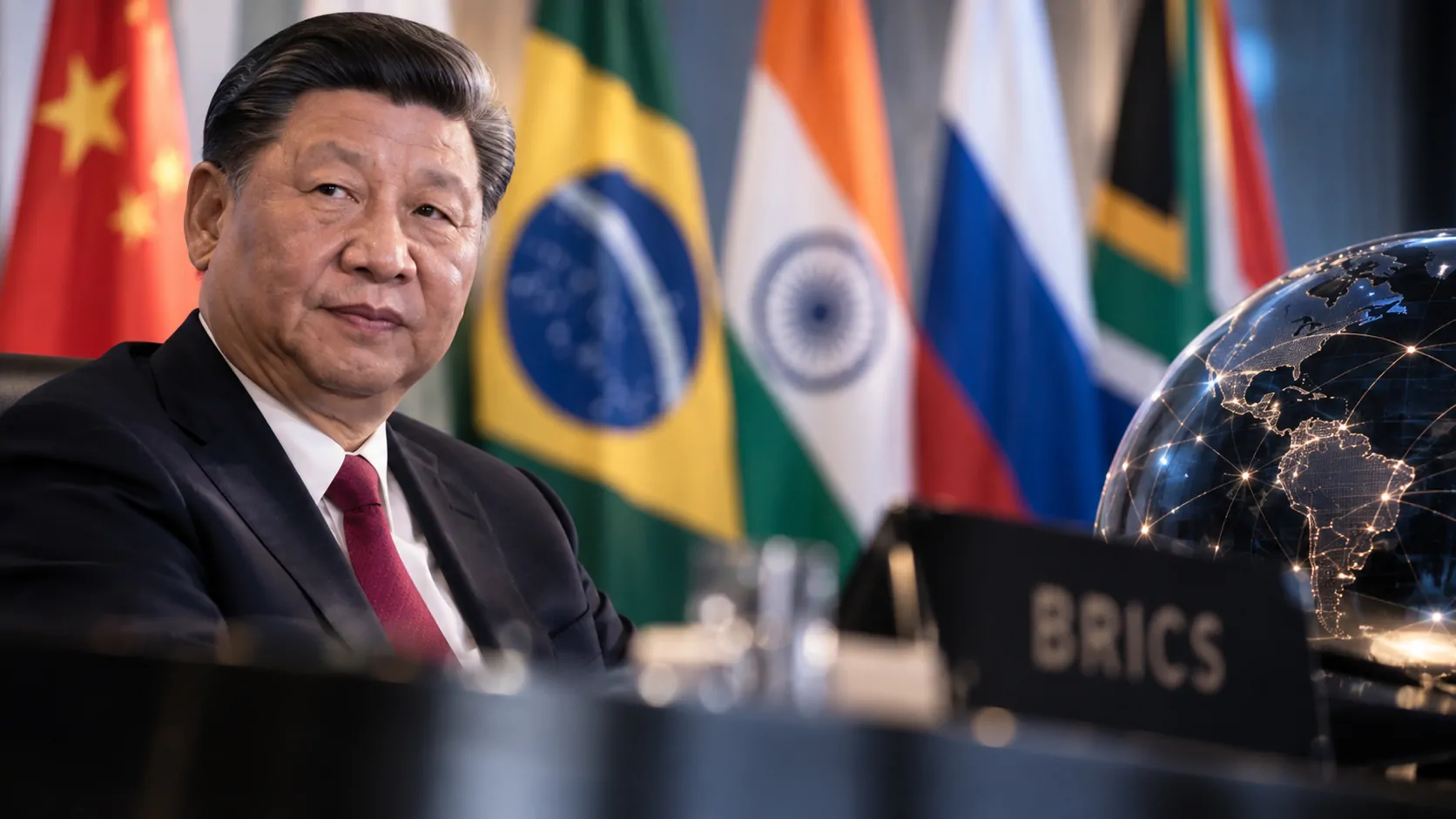 Xi Jinping durante a cúpula do BRICS diante de elementos visuais relacionados à inteligência artificial e ao Brasil