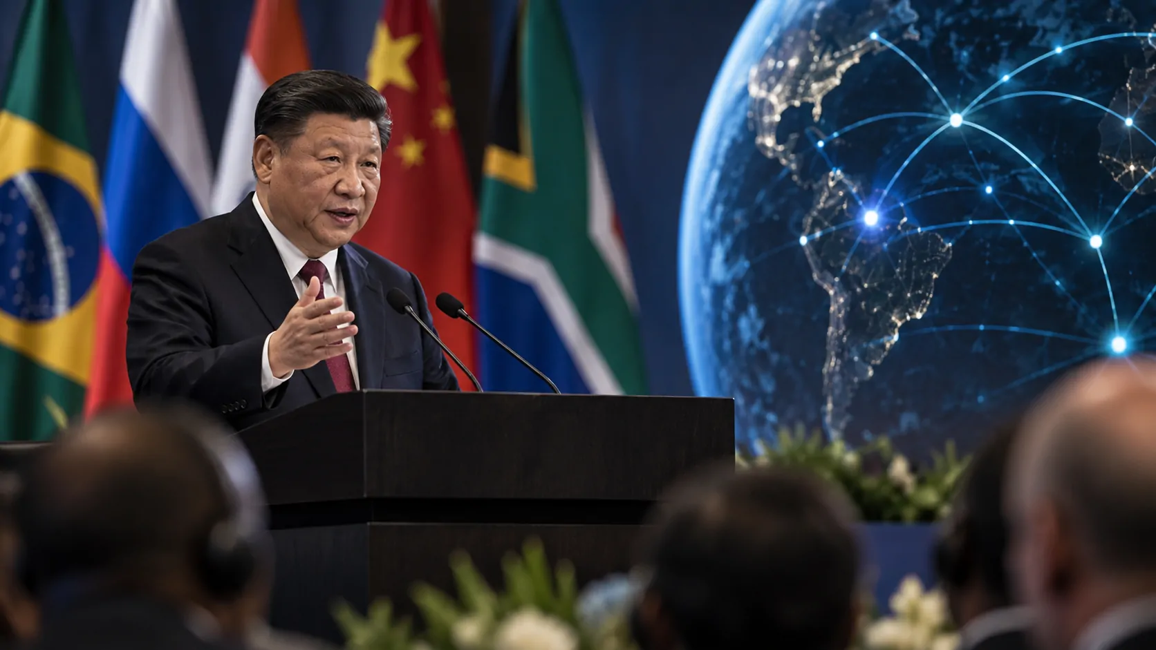 Xi Jinping durante discurso na cúpula do BRICS, com elementos visuais de inteligência artificial e colaboração tecnológica entre países