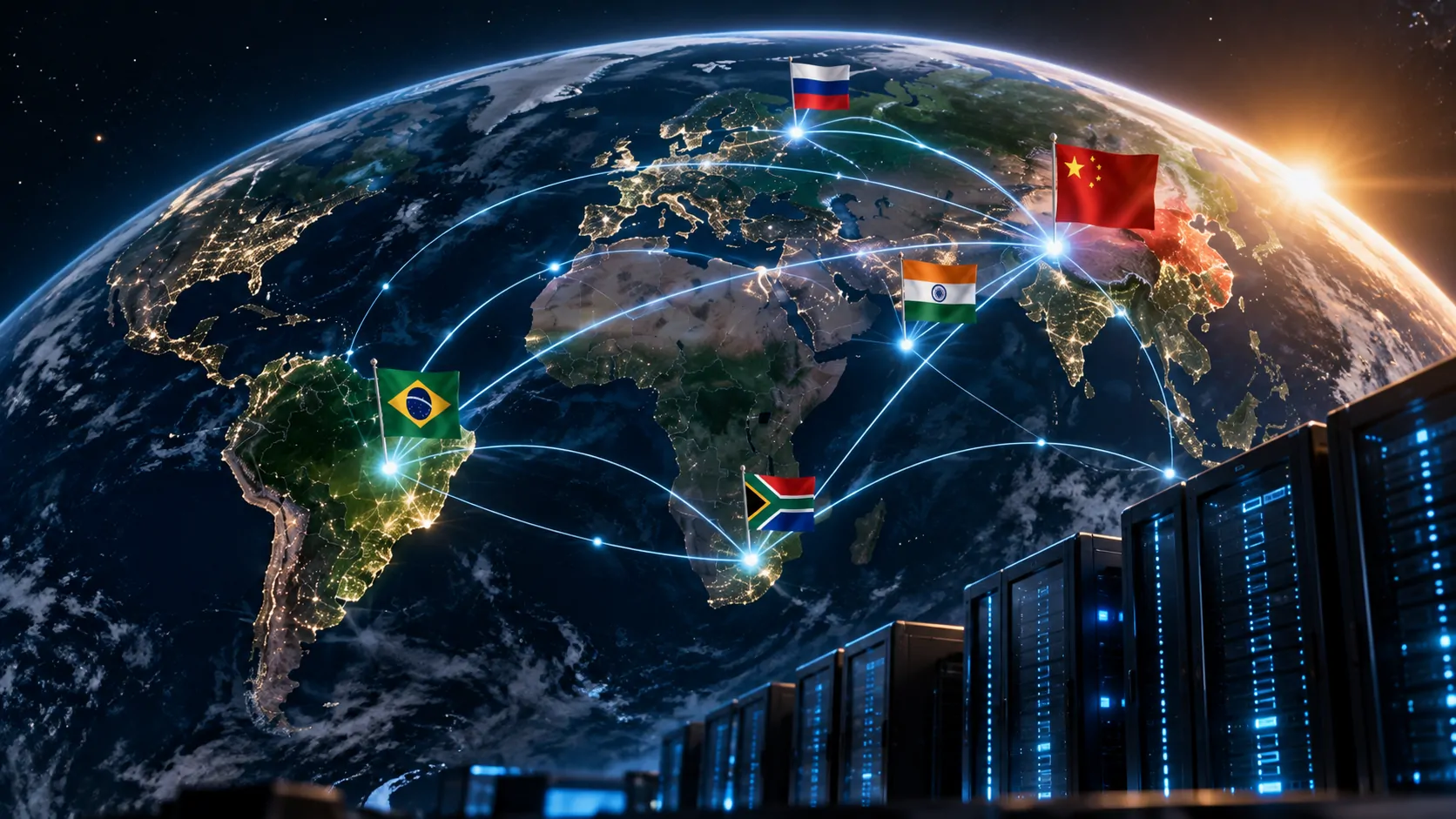 Mapa conceitual conectando China, Brasil e outros países do BRICS por uma infraestrutura compartilhada de inteligência artificial