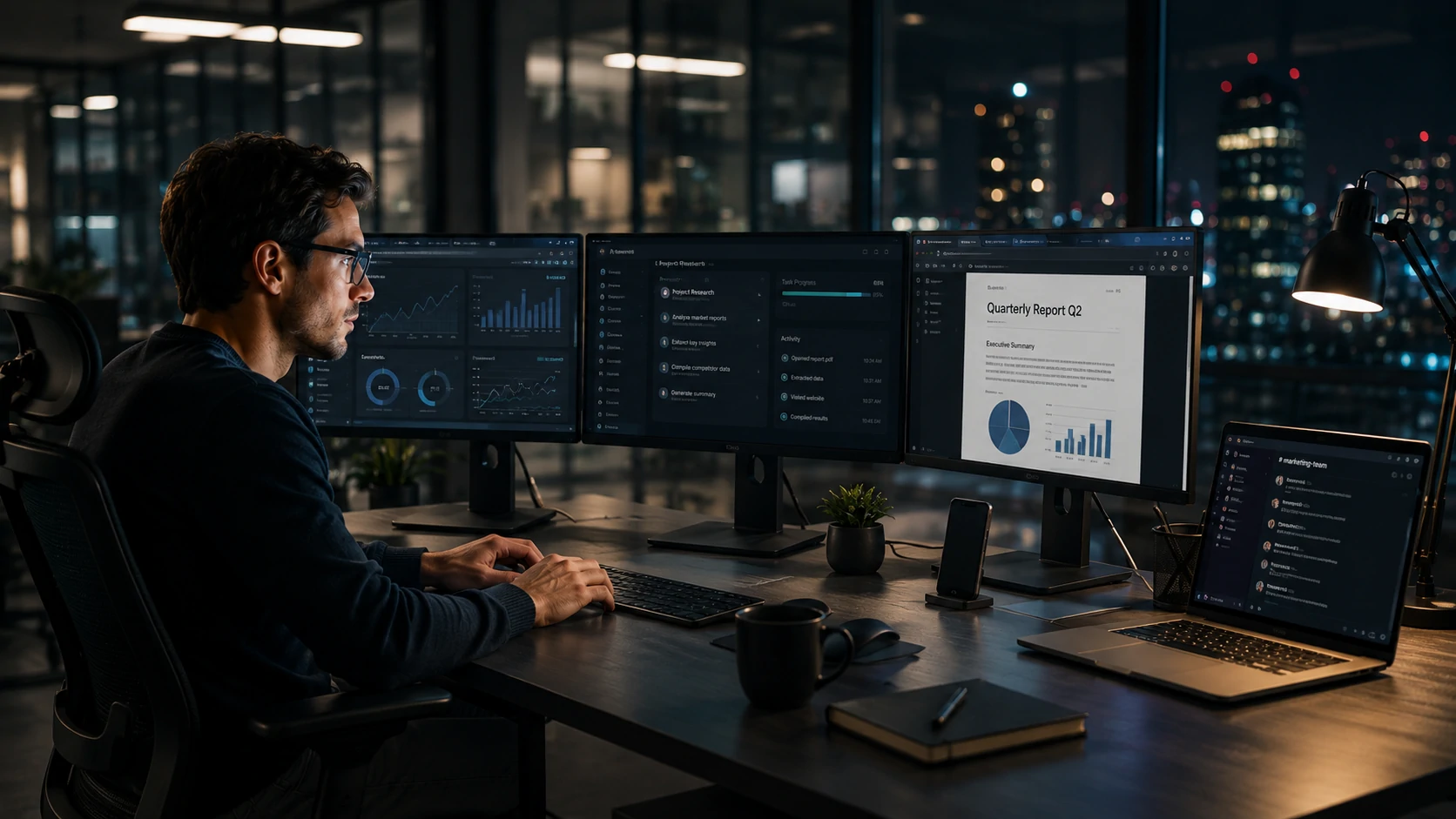 Enterprise AI agent operating multiple business applications on a desktop computer