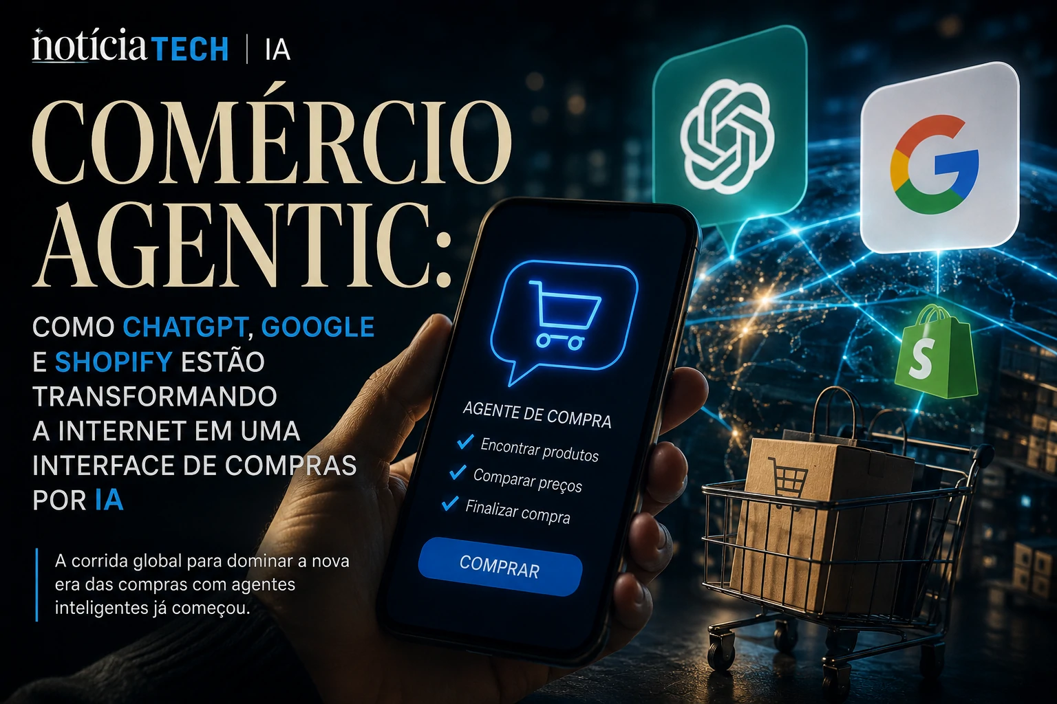 Interface futurista mostrando agentes de IA realizando compras automáticas entre ChatGPT, Google e marketplaces digitais