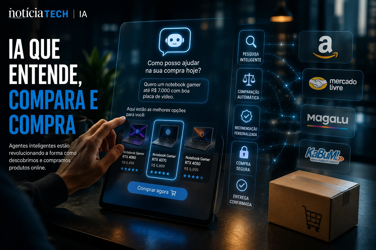 Assistente de IA realizando compras automáticas em múltiplas plataformas digitais