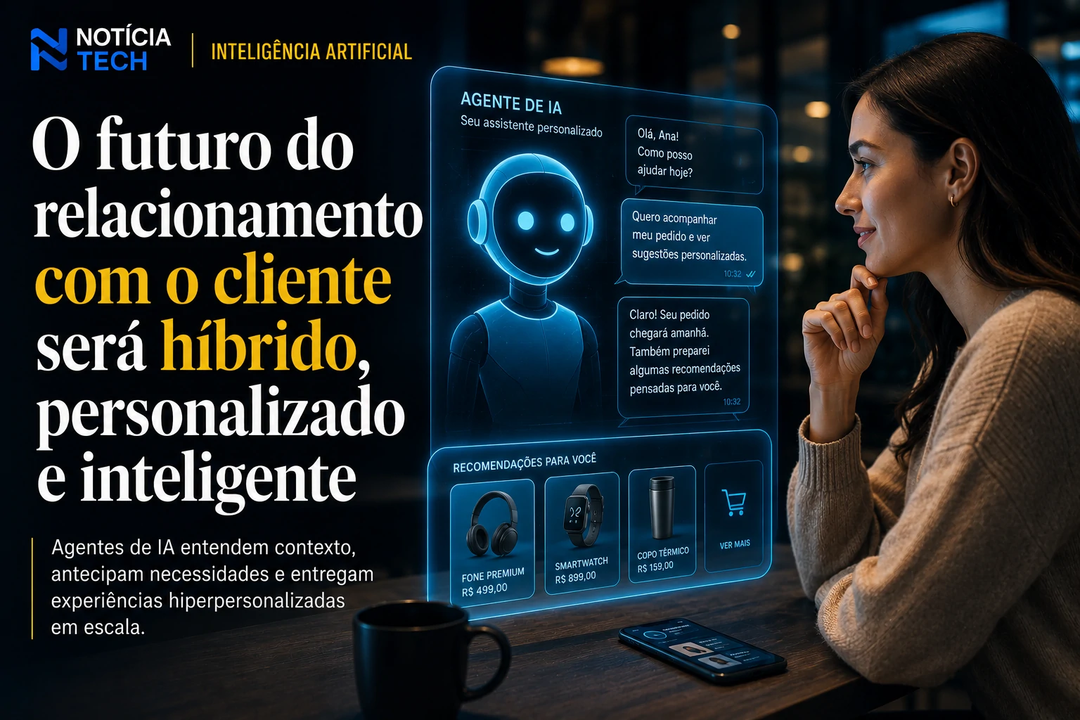 Cliente interagindo com agente de IA hiperpersonalizado em ambiente digital futurista