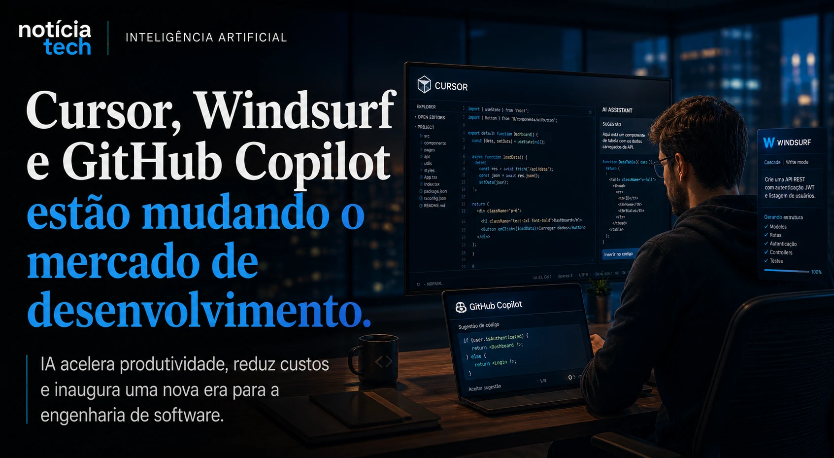 Desenvolvedores utilizando plataformas de programação com IA em ambiente corporativo futurista