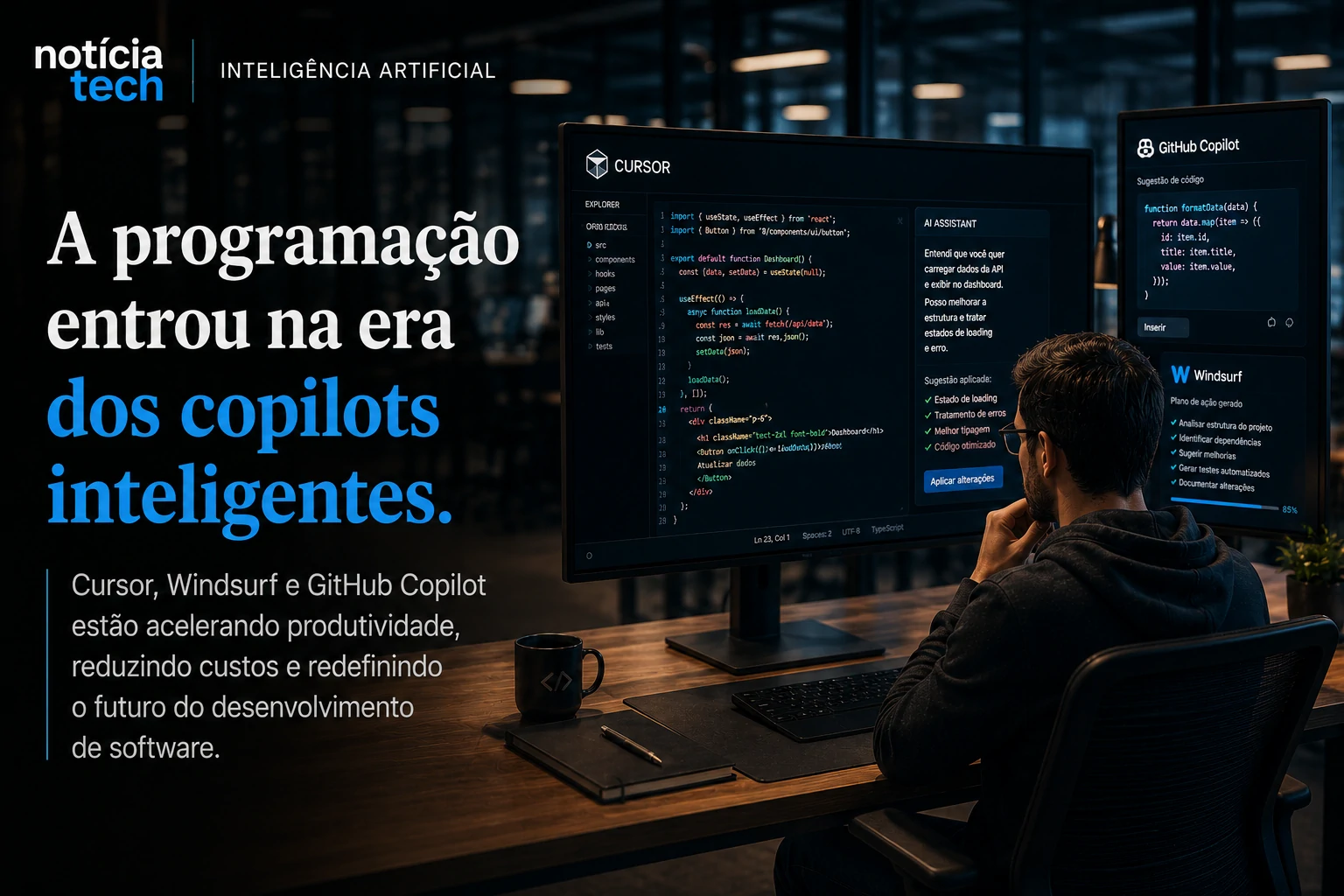 Desenvolvedores utilizando plataformas de programação assistida por IA em escritório corporate tech