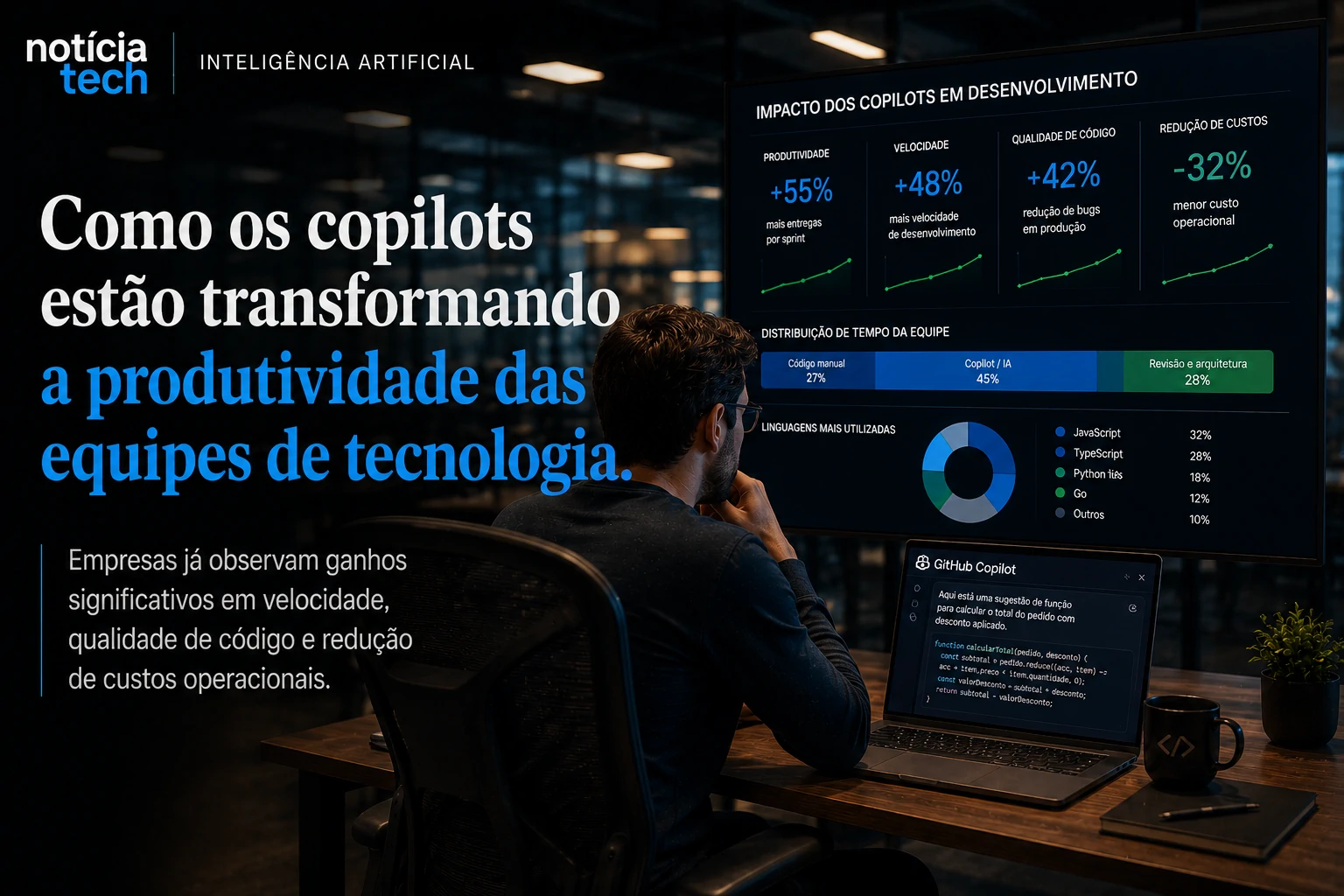 Equipe de tecnologia acompanhando métricas de produtividade com copilots de IA