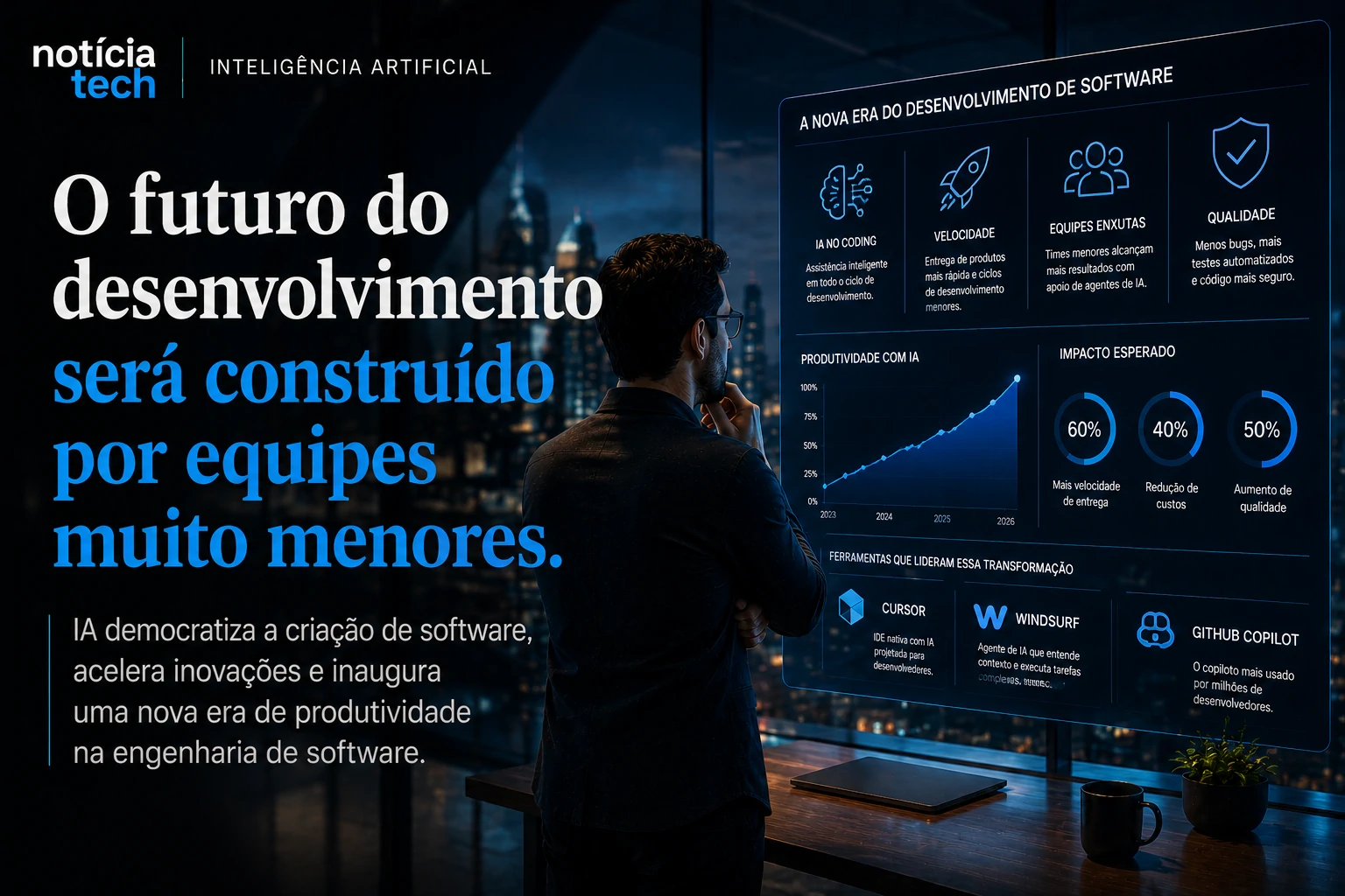 Executivo observando dashboards de produtividade de IA em centro tecnológico futurista