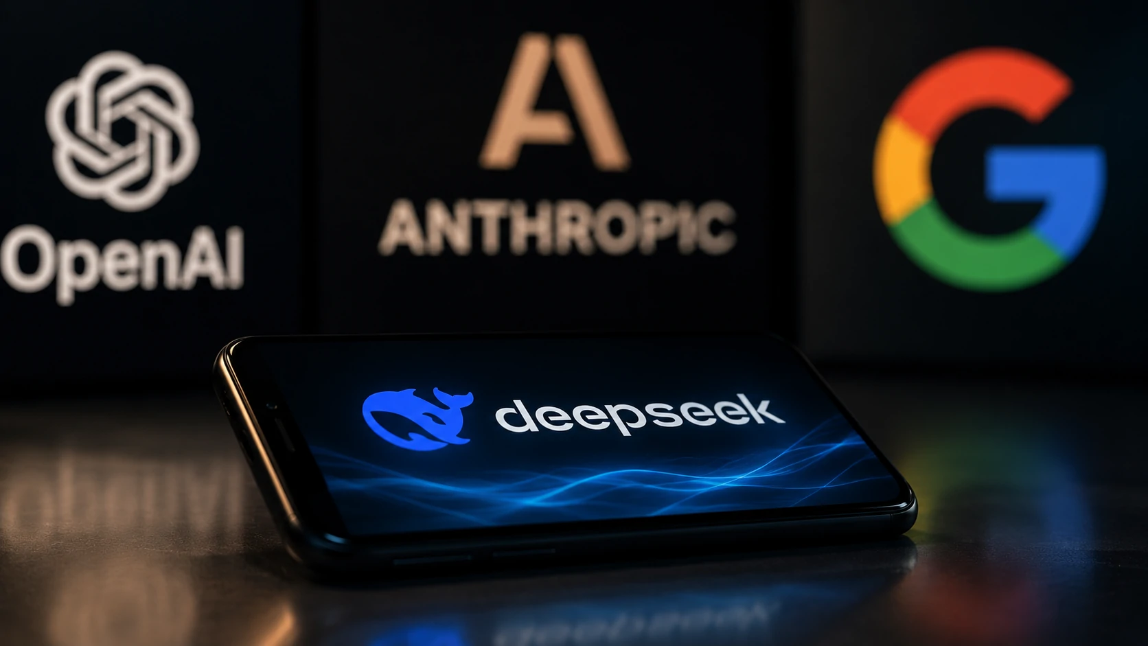Ilustração representando a competição entre DeepSeek, OpenAI e Anthropic no mercado de inteligência artificial.
