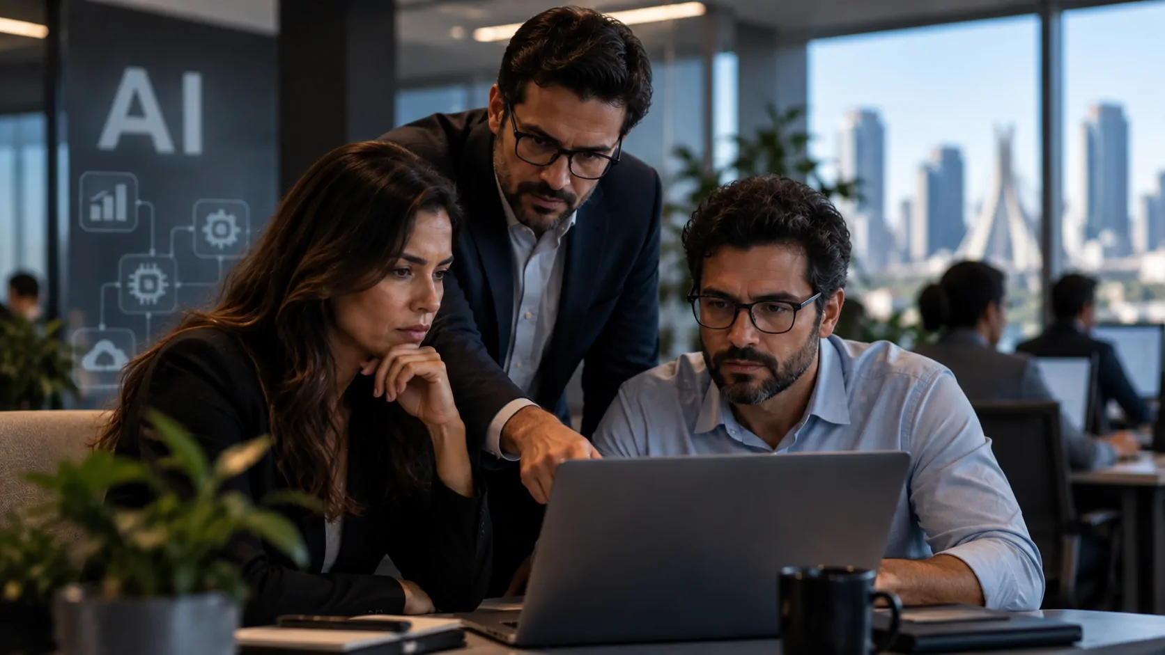 Corporate team analyzing the implementation of autonomous artificial intelligence systems
