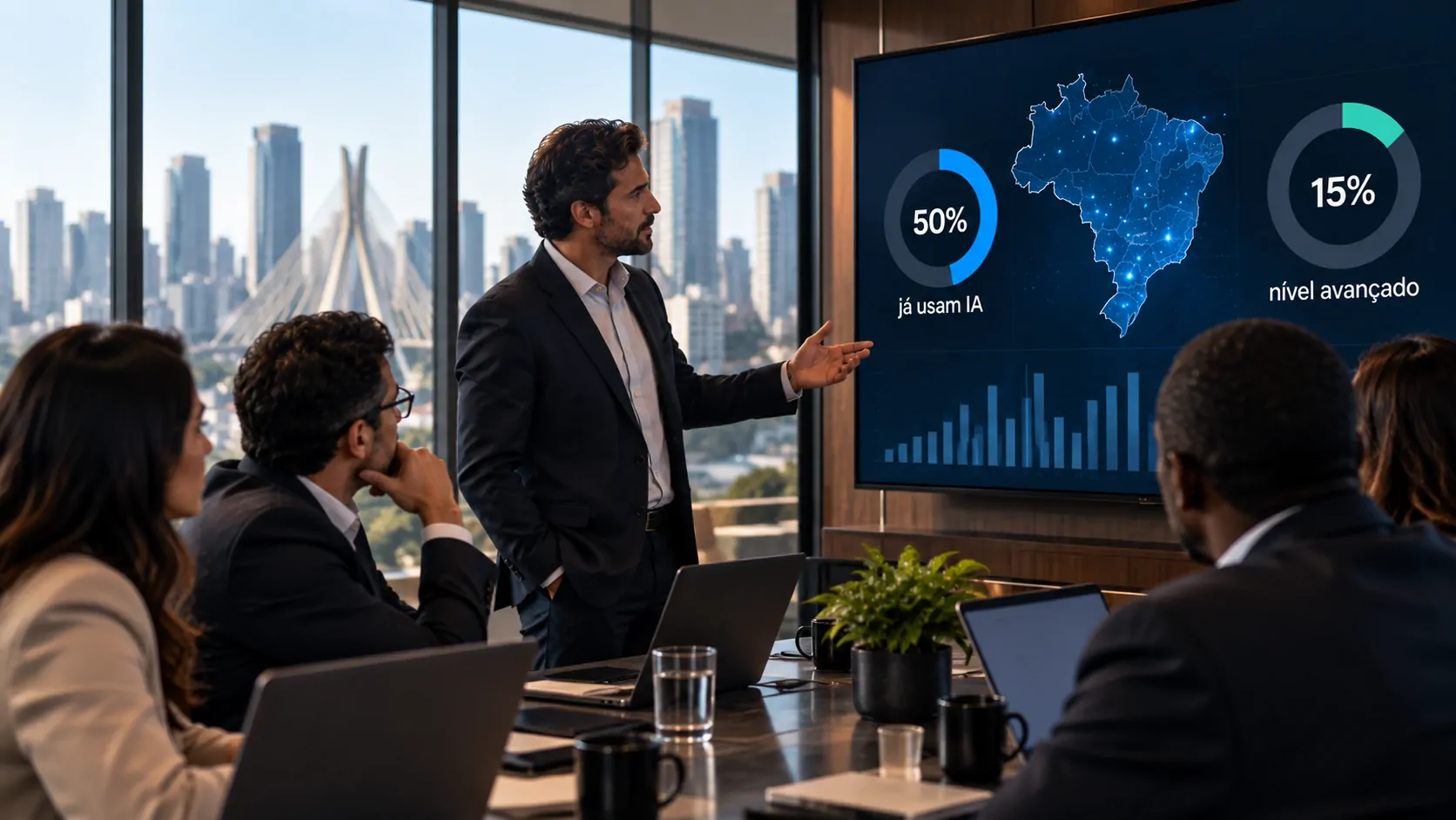 Executives in a meeting analyzing digital transformation and artificial intelligence strategy