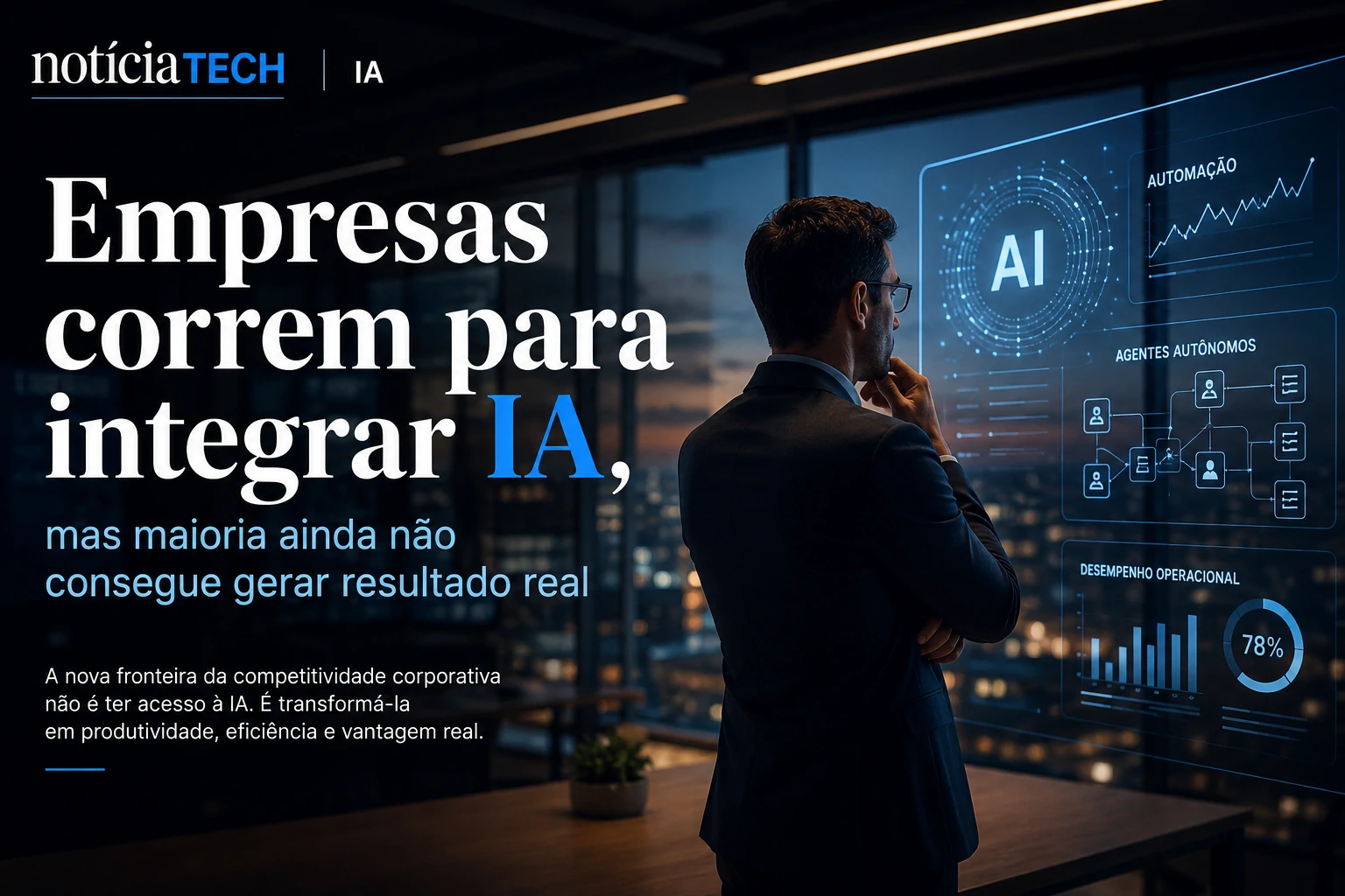 Executivos observando dashboards de inteligência artificial em ambiente corporativo moderno