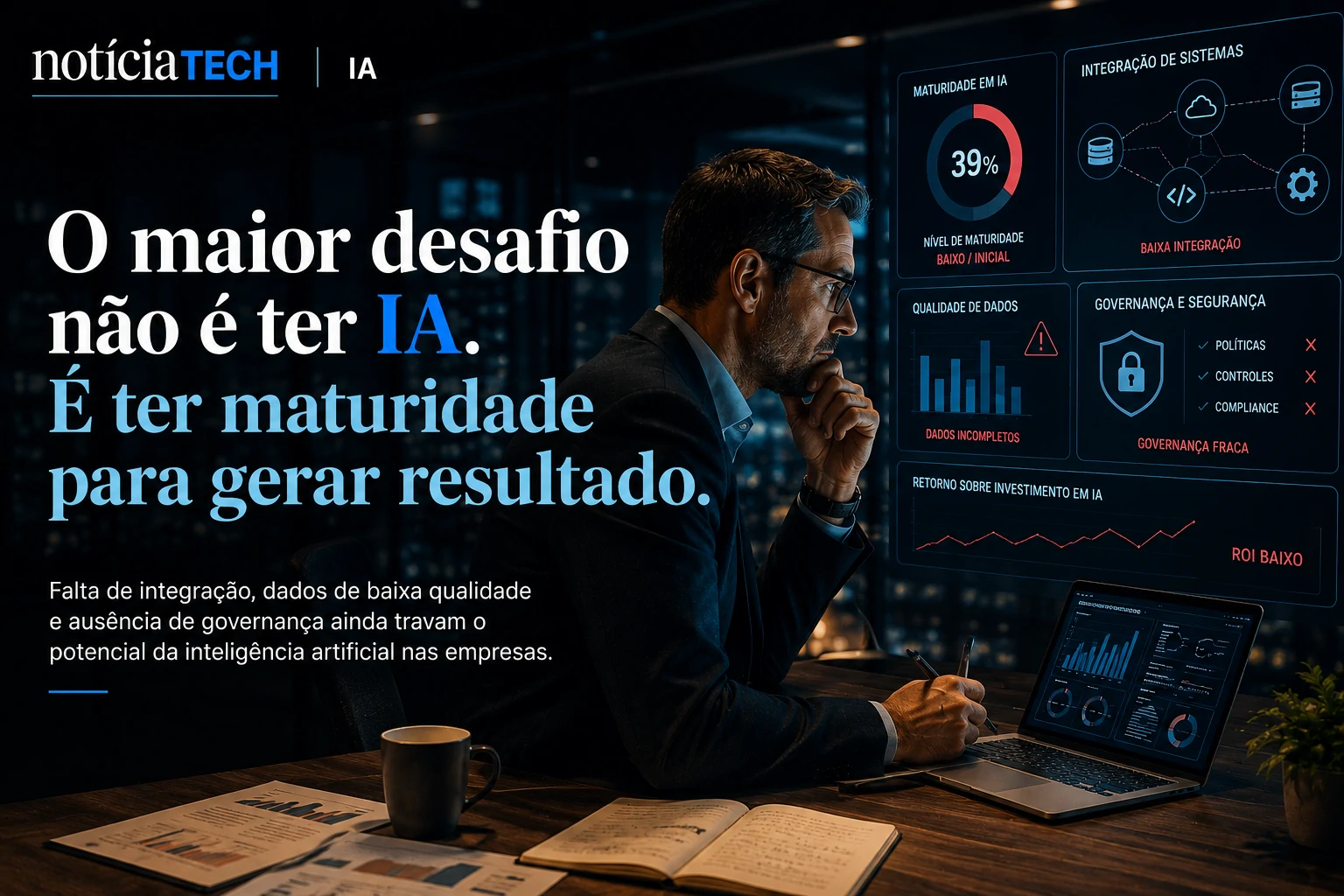 Baixa maturidade operacional ainda limita resultados reais da inteligência artificial Executivo analisando indicadores de maturidade digital e inteligência artificial