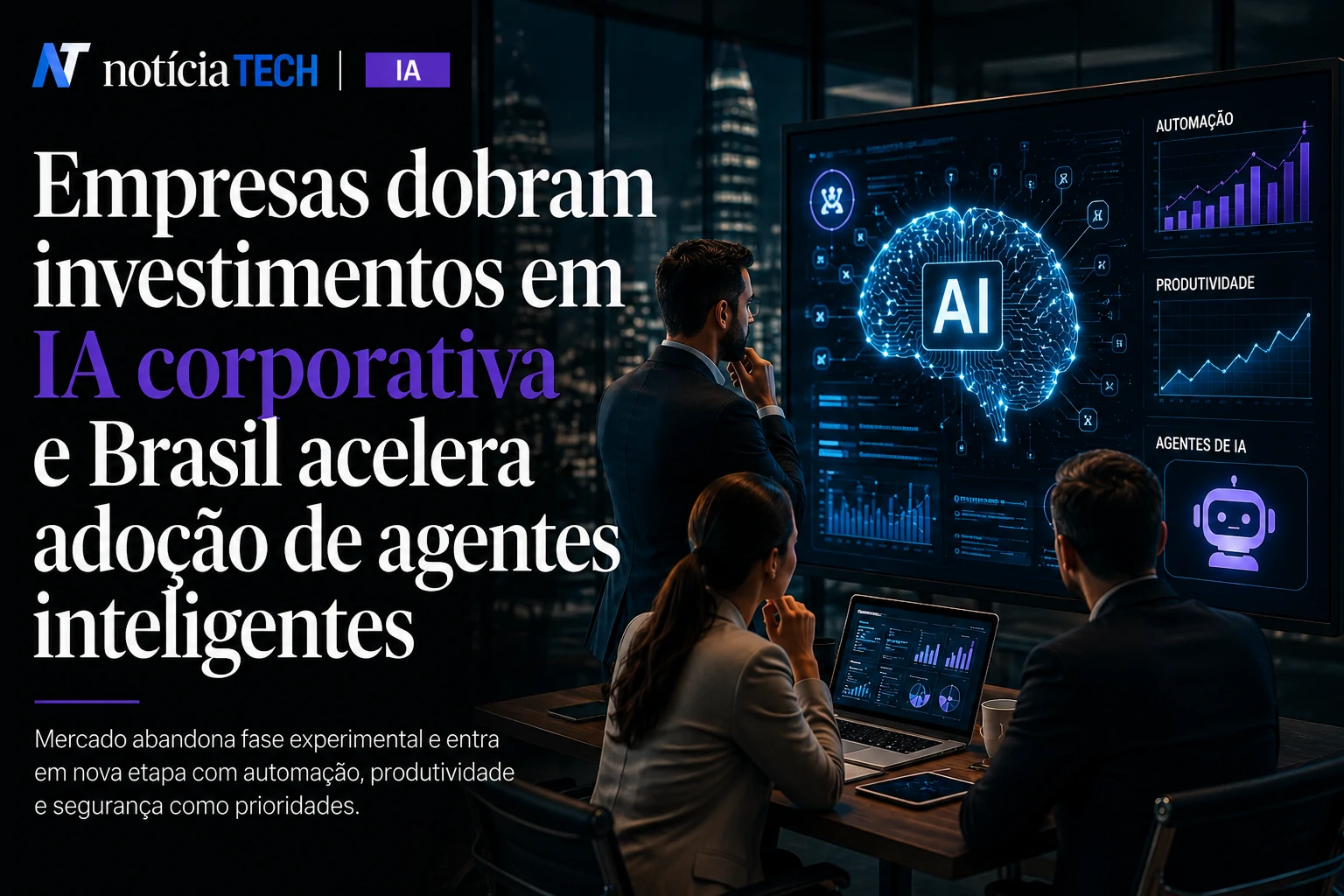 Executivos observando painéis de inteligência artificial em ambiente corporativo moderno