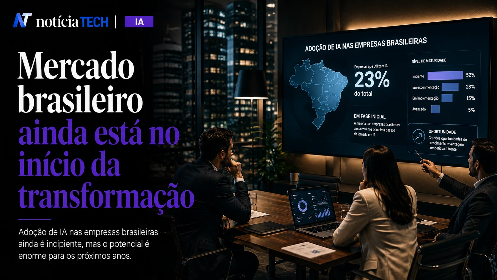 Profissionais brasileiros utilizando inteligência artificial em escritório moderno