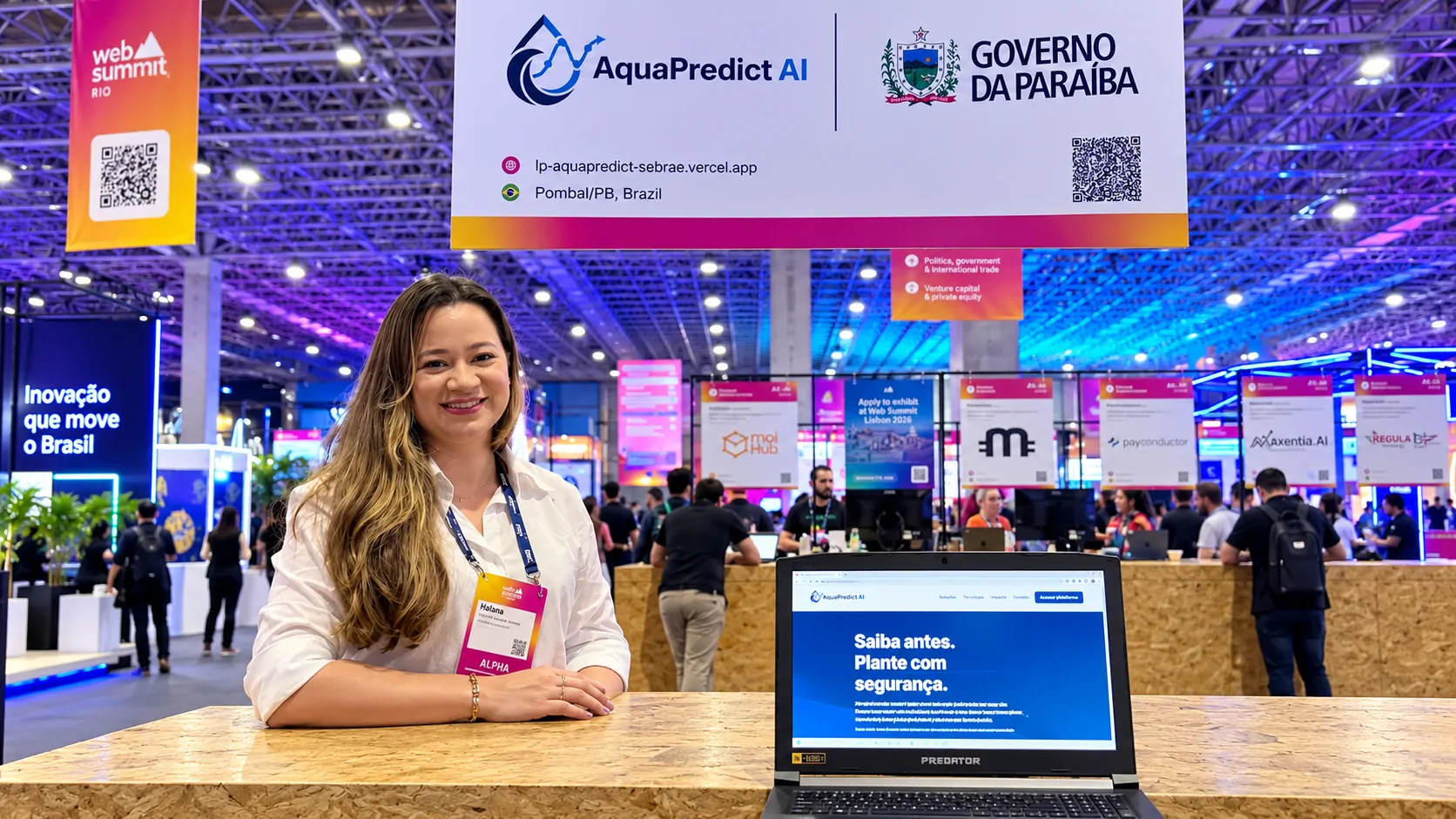 Empreendedora apresentando uma solução de inteligência artificial para o agronegócio em um ambiente de inovação