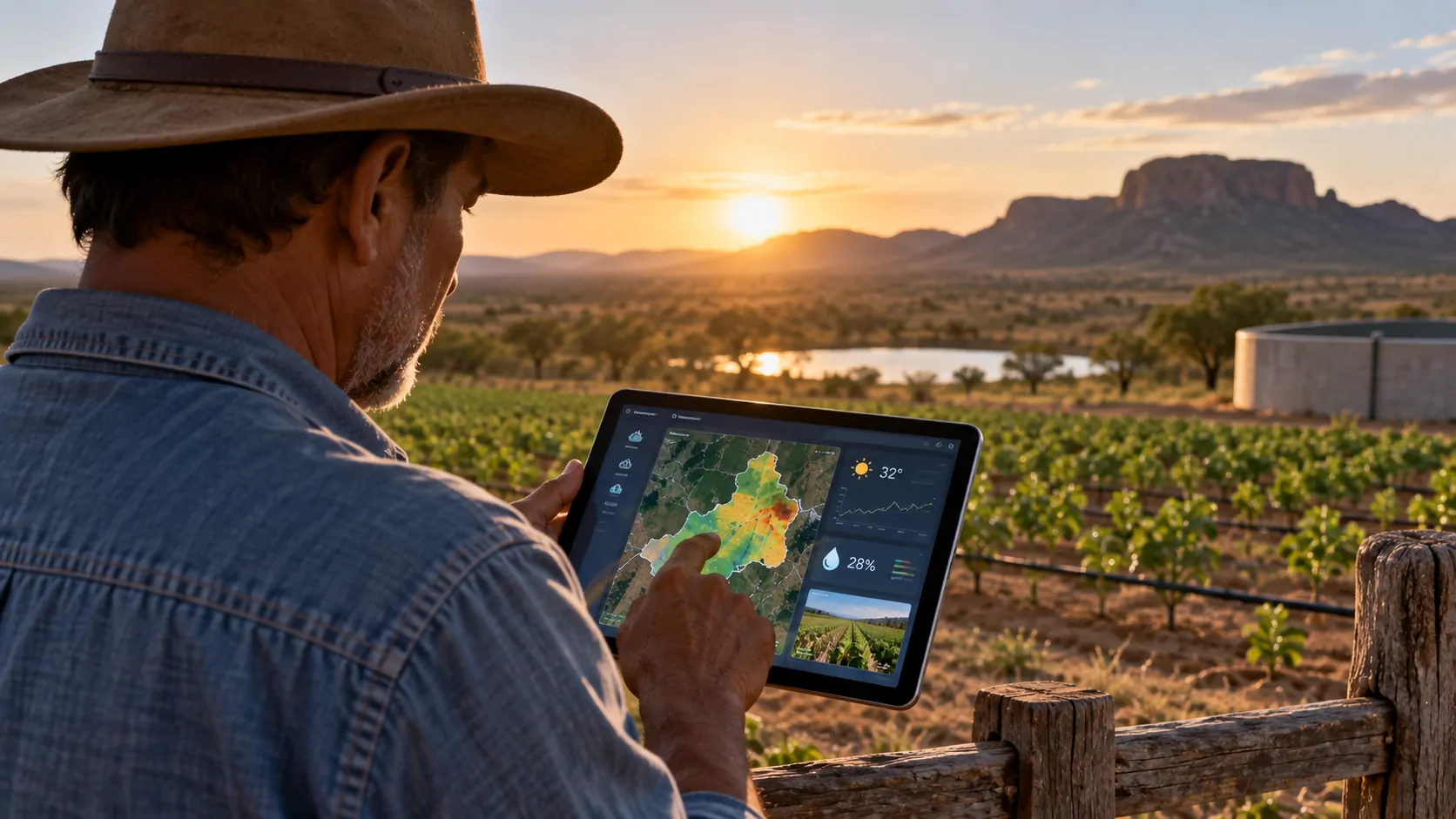 Produtor rural analisando informações digitais no campo enquanto dados climáticos são usados para apoiar o planejamento