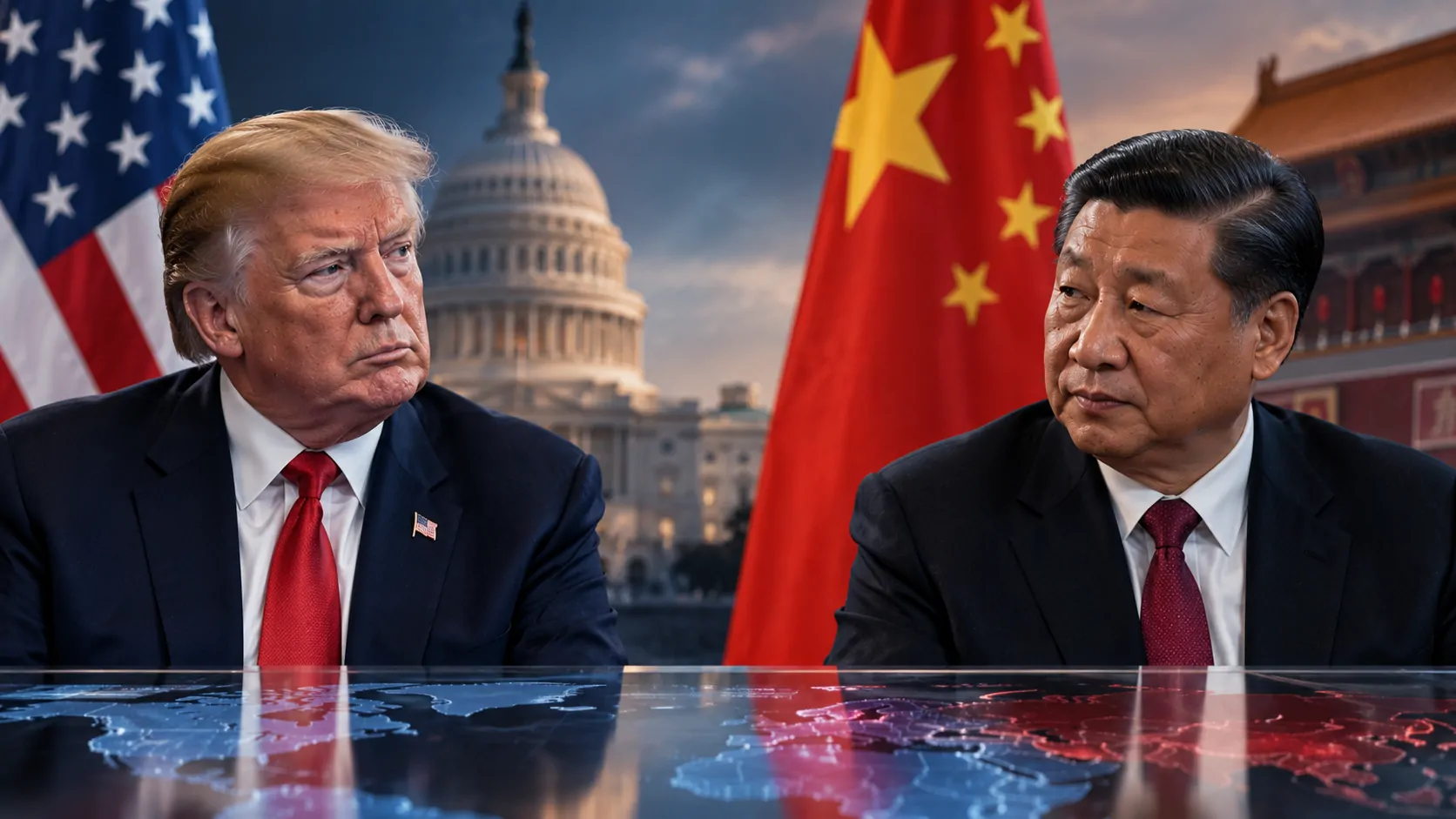 Donald Trump and Xi Jinping representing the technological competition between the United States and China